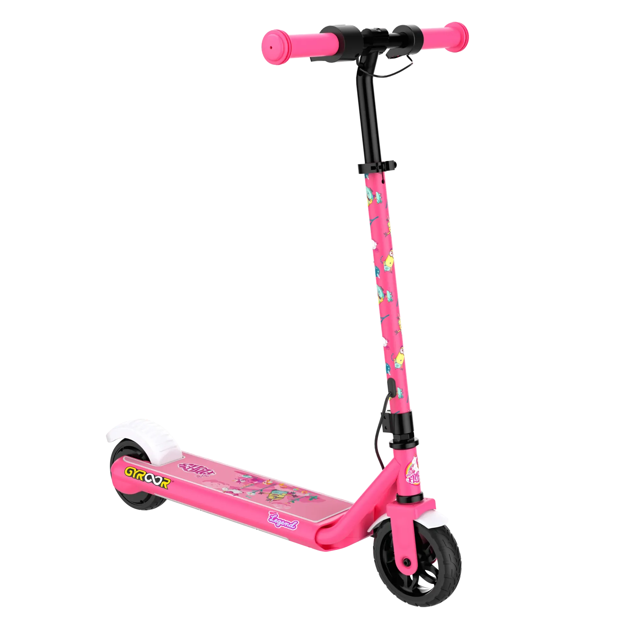 A front and side view of a GYROOR Minions H30 Max Kids Scooter - Pink - with pink handlebars on a white background