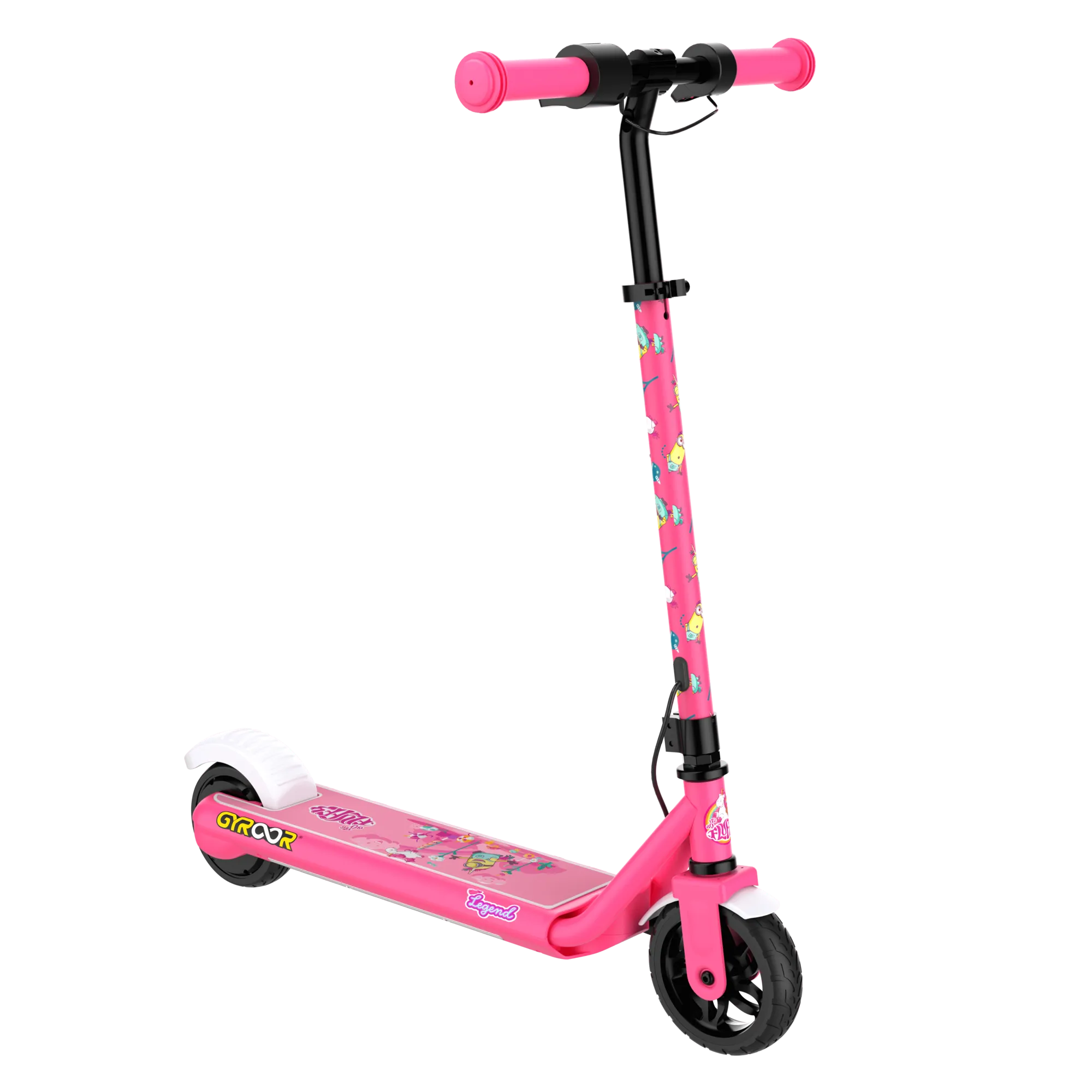 A front and side view of a GYROOR Minions H30 Max Kids Scooter - Pink - with pink handlebars and Minions characters and GYROOR logo on a white background