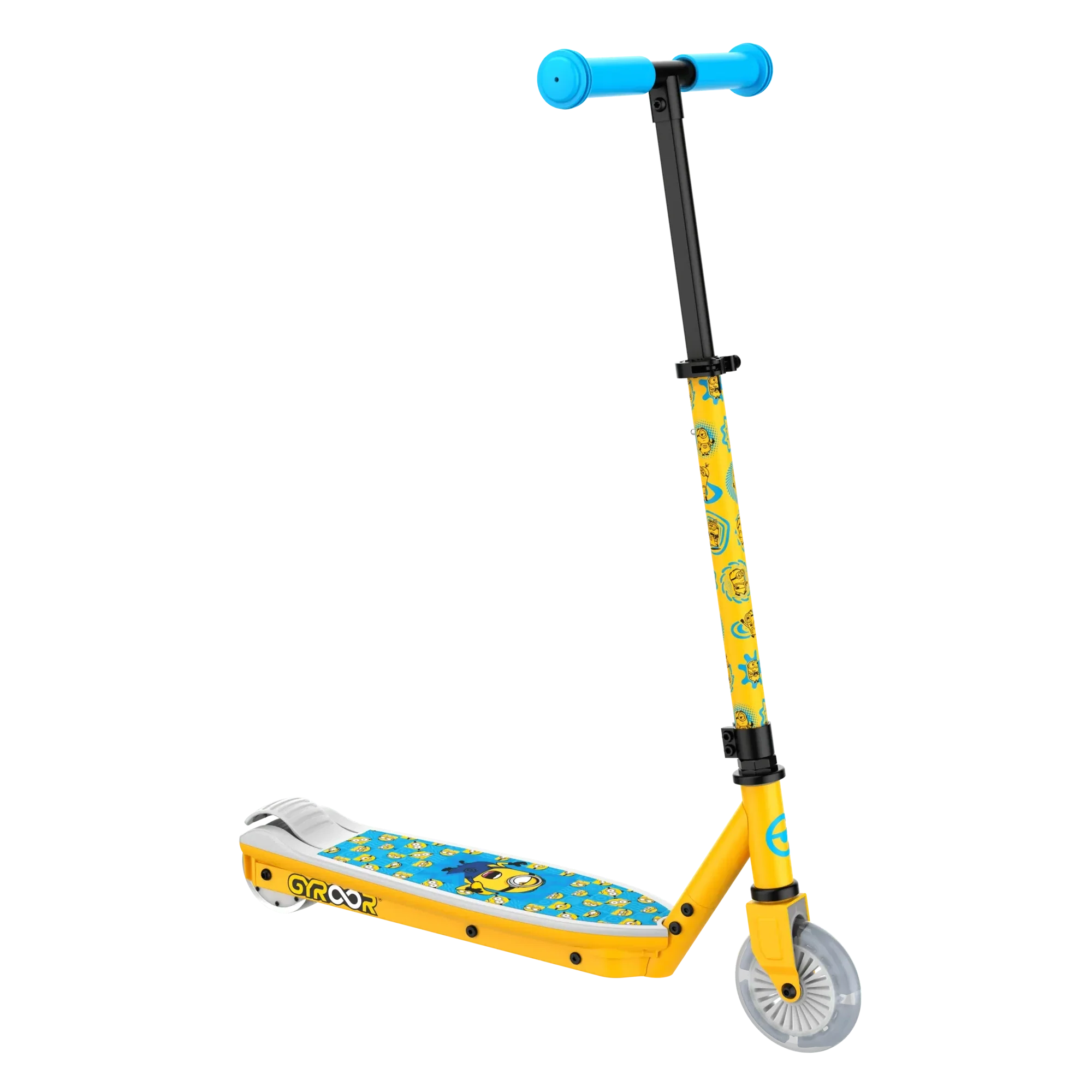 A front and side  view of a GYROOR Minions KS2 Electric Kids Scooter - Yellow - with blue handlebar and deck design on a white background
