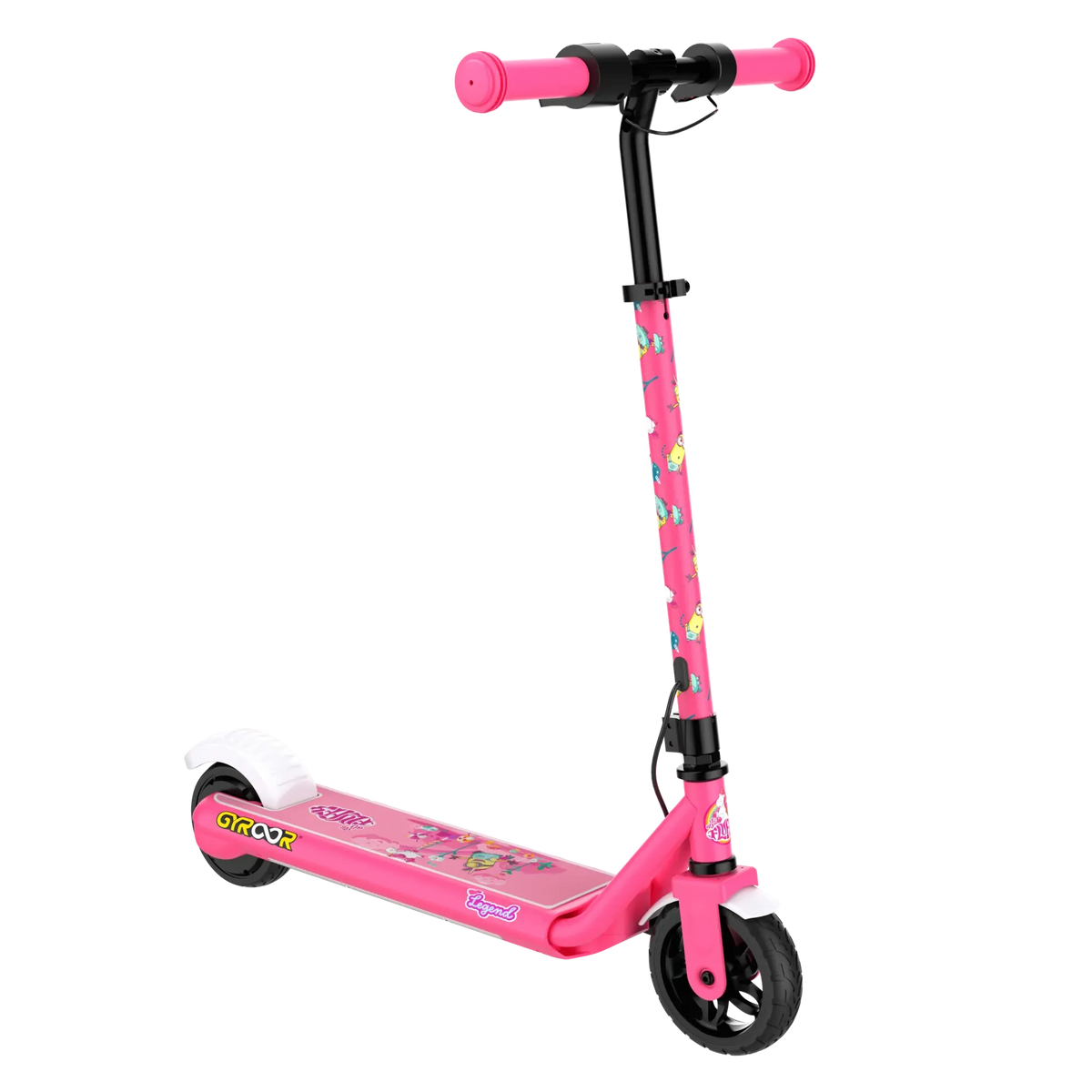 A front and side view of a GYROOR Minions H30 Max Kids Scooter - Pink - with pink handlebars on a white background