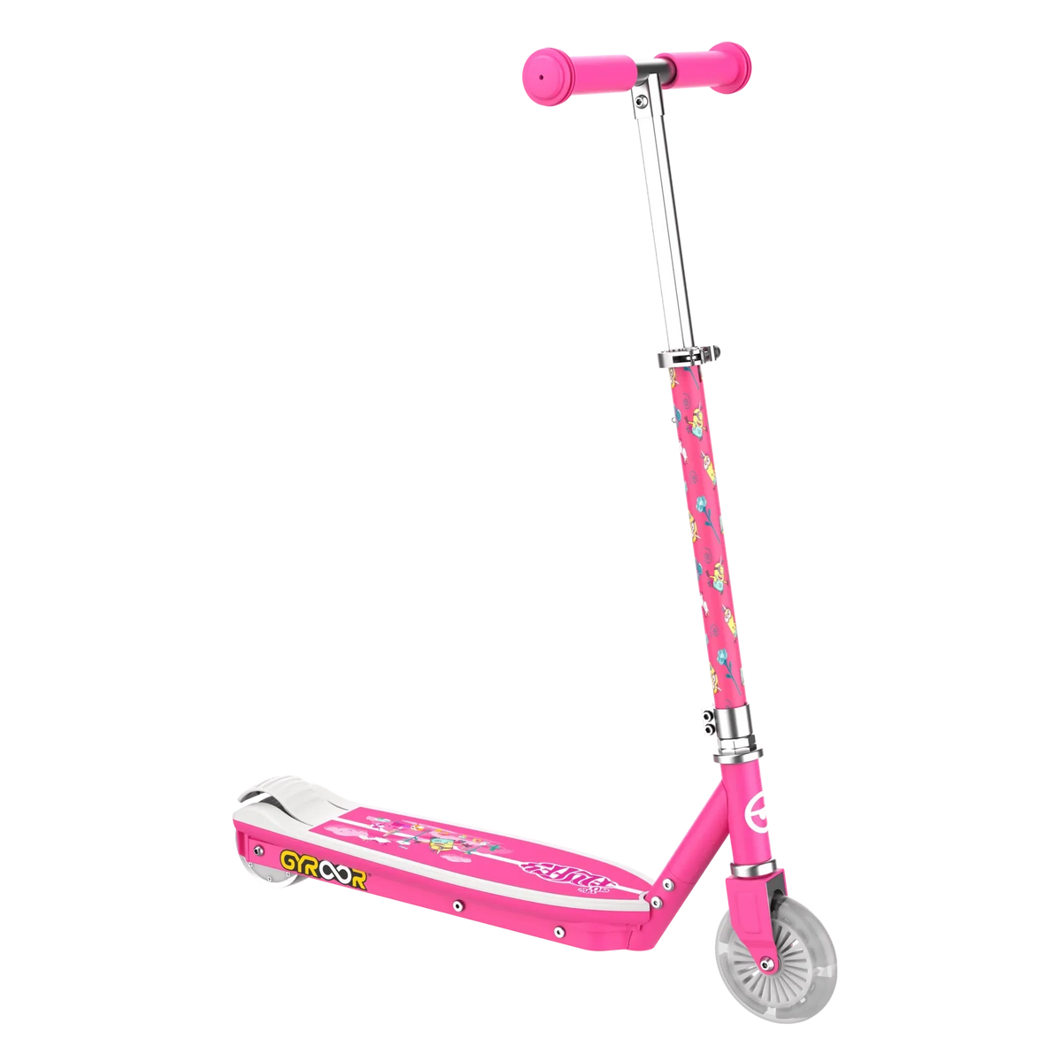 A front and side view of a GYROOR Minions KS2 Electric Kids Scooter - Pink - with floral design on a white background