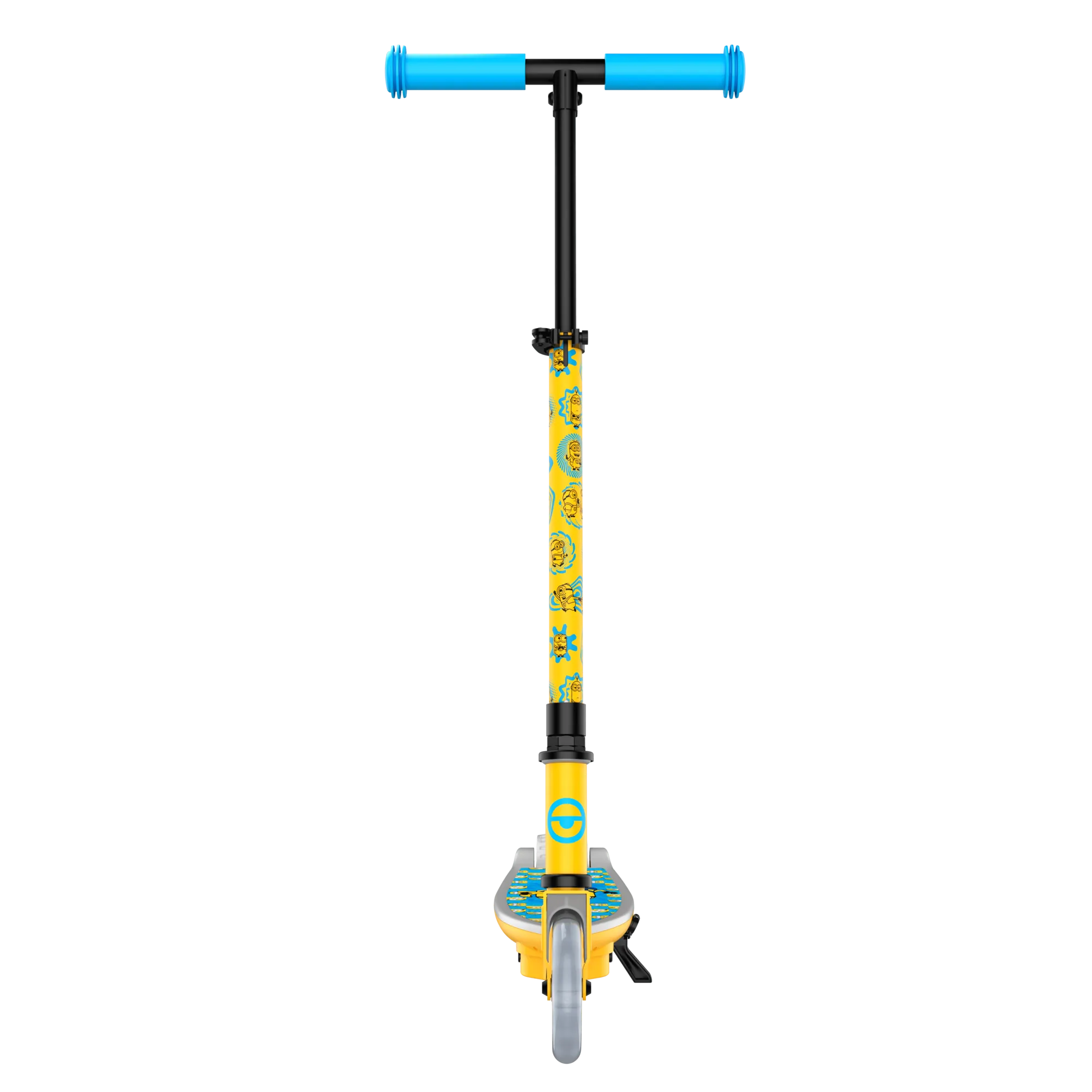 A front view of a GYROOR Minions KS2 Electric Kids Scooter - Yellow -  with blue handlebar on a white background