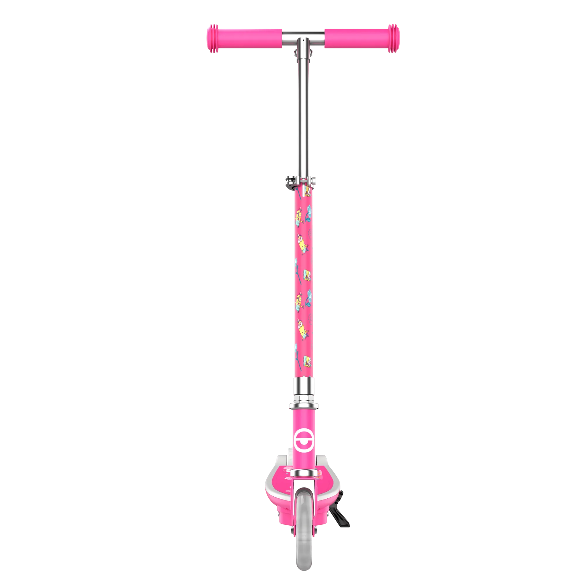 A back view of a GYROOR Minions KS2 Electric Kids Scooter - Pink - with cartoon character design on a white background