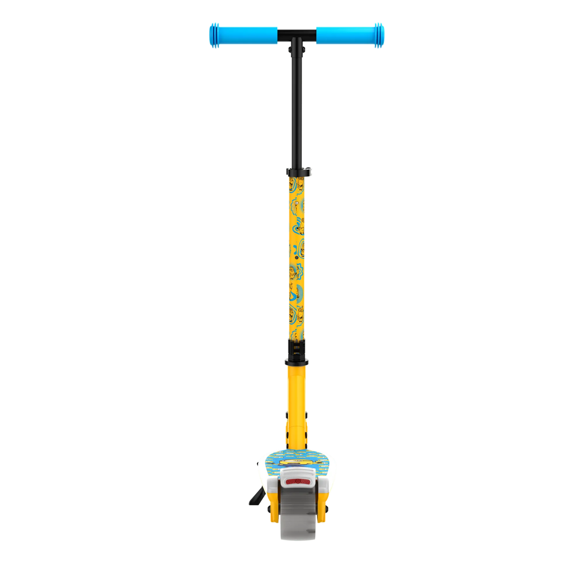 A back view of a GYROOR Minions KS2 Electric Kids Scooter - Yellow - with blue handlebar on a white background