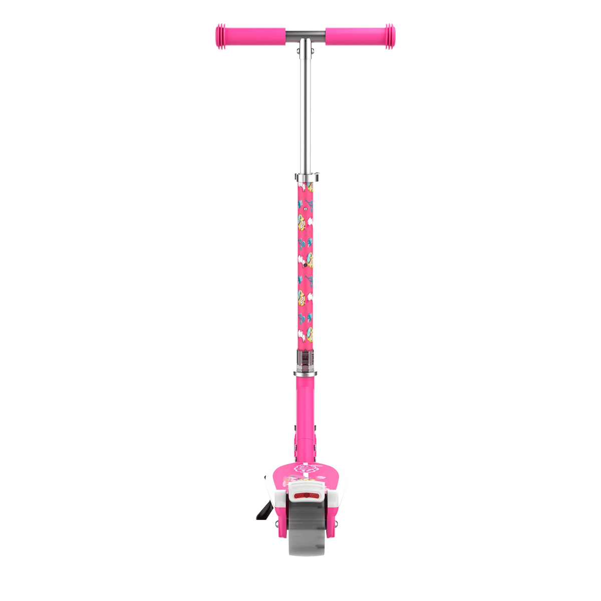 A front view of a GYROOR Minions KS2 Electric Kids Scooter - Pink - with floral design on a white background