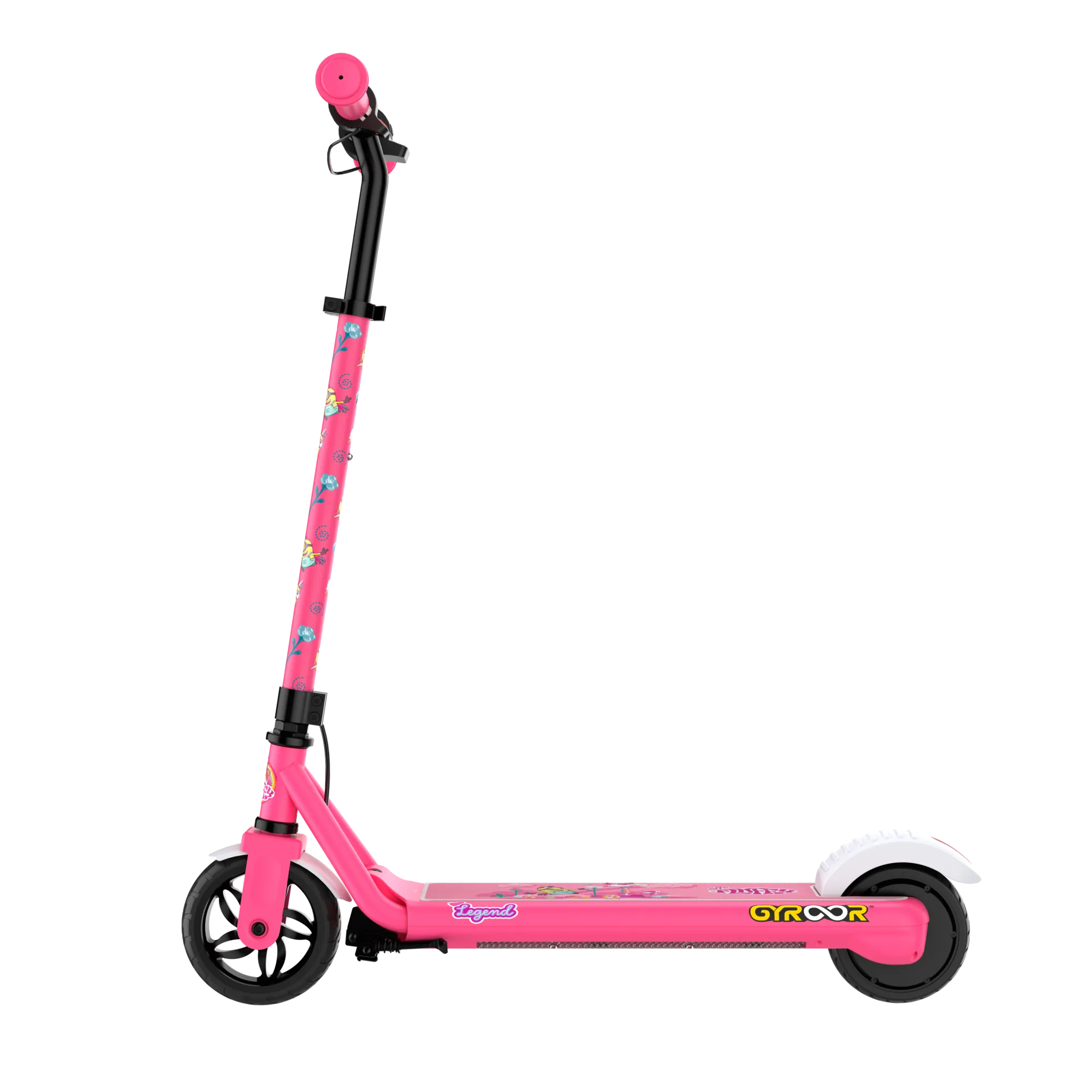 A side view of a GYROOR Minions H30 Max Kids Scooter - Pink - with pink handlebars and Minions characters and GYROOR logo on a white background