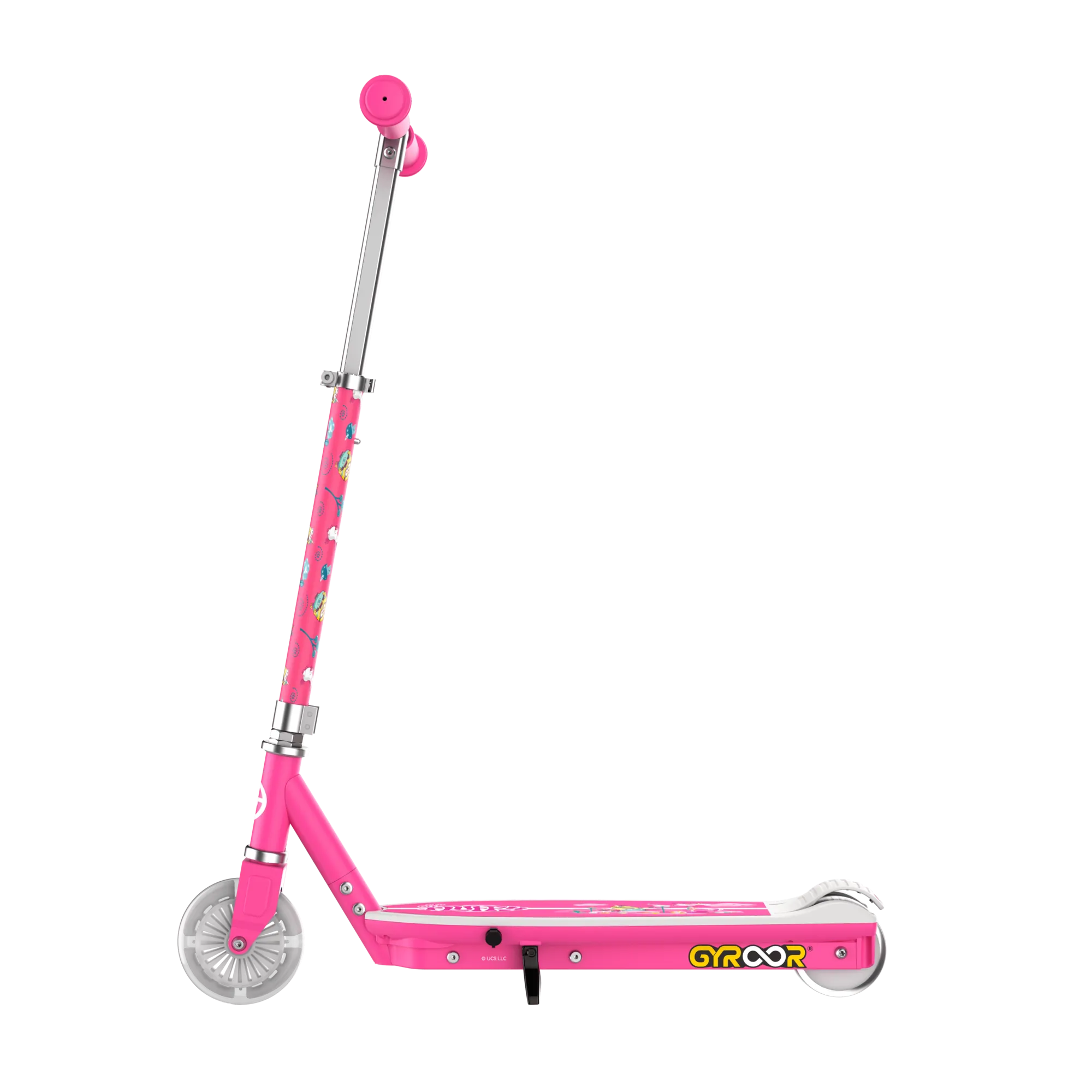 A side view of a GYROOR Minions KS2 Electric Kids Scooter - Pink - with visible brand logo on a white background