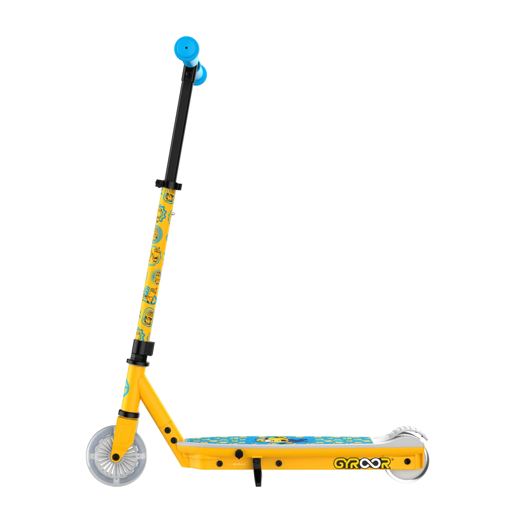 A side view of a GYROOR Minions KS2 Electric Kids Scooter - Yellow - with visible brand logo with blue accents on a white background