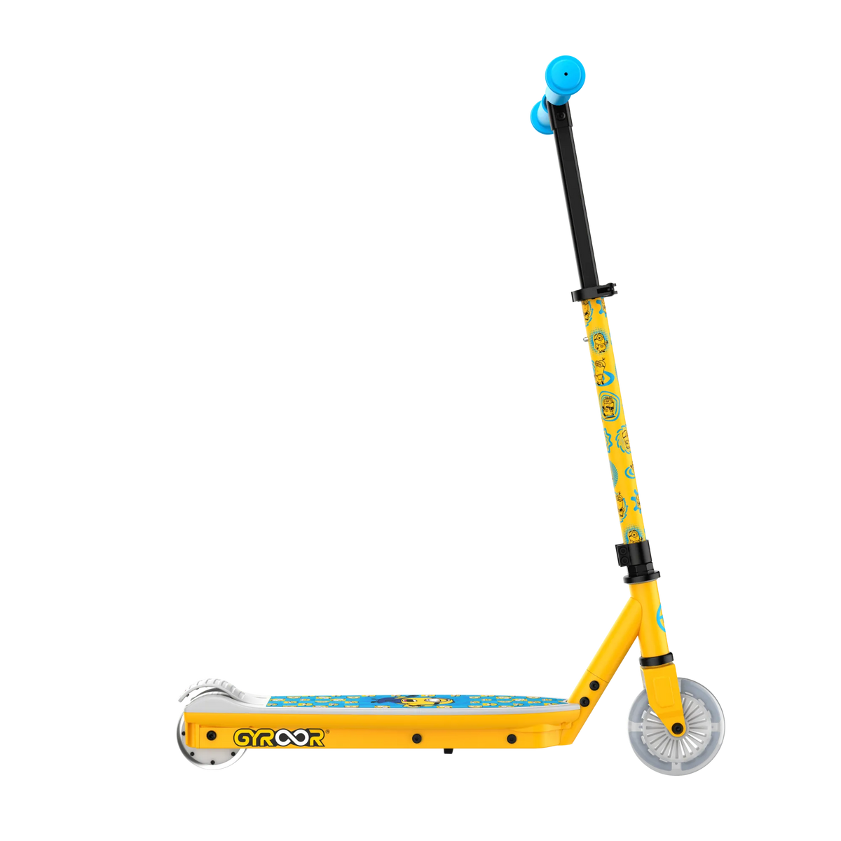 A side view of a GYROOR Minions KS2 Electric Kids Scooter - Yellow - with blue accents on a white background
