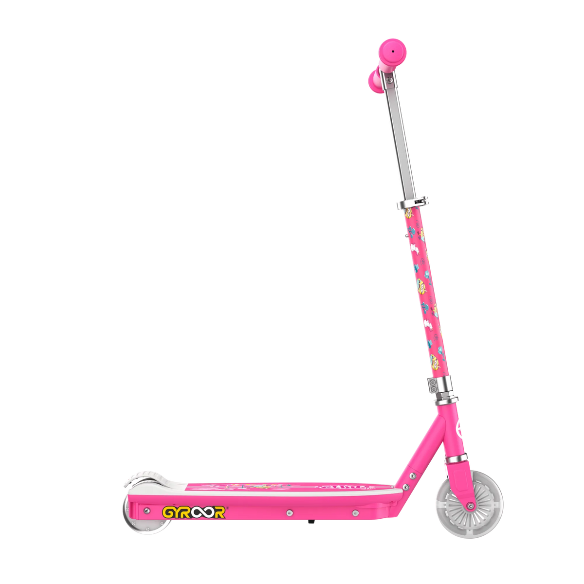 A side view of a GYROOR Minions KS2 Electric Kids Scooter - Pink - with floral design on a white background