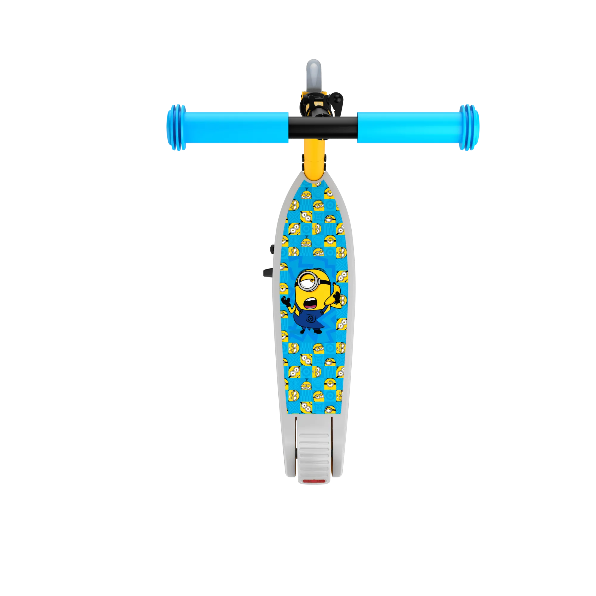 A top-down view of a GYROOR Minions KS2 Electric Kids Scooter - Yellow - with blue handlebar and Minions design on the deck against a white background 
