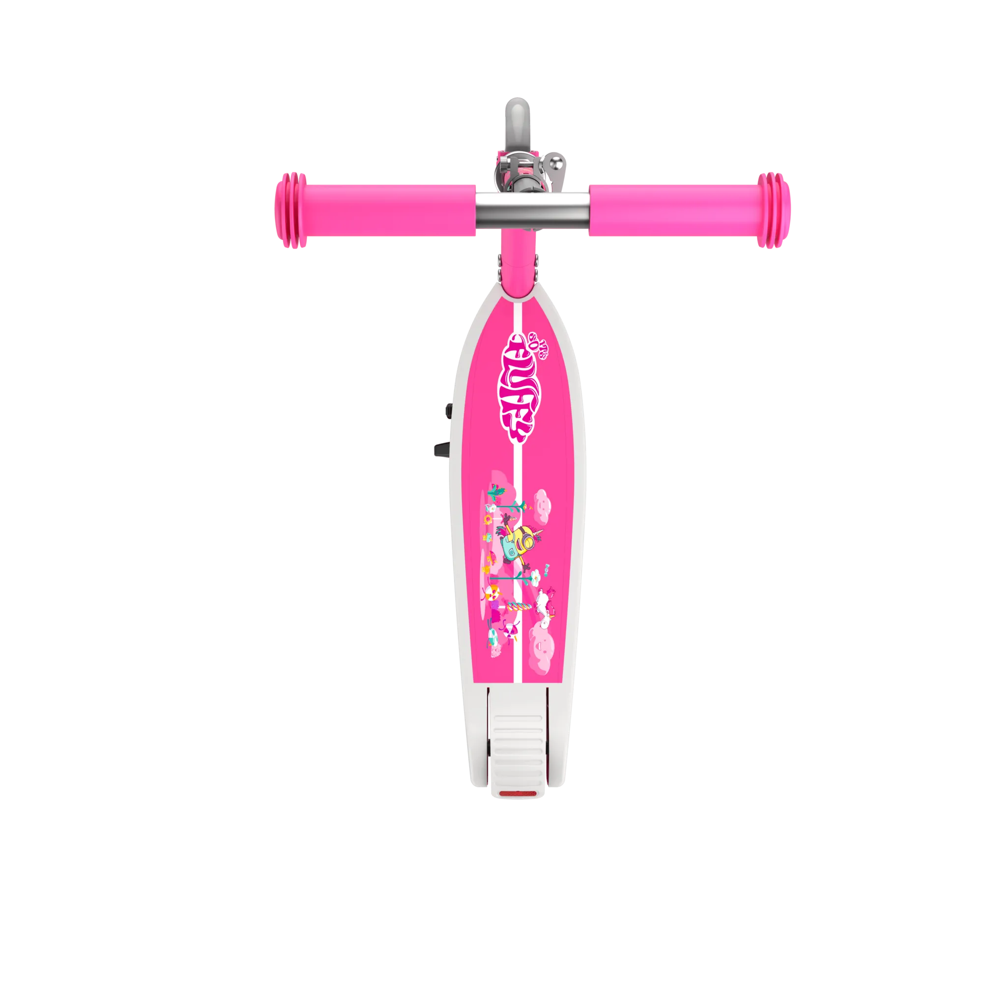 A top-down view of a GYROOR Minions KS2 Electric Kids Scooter - Pink - with pink handlebar and Minions design  with colorful design on a white background