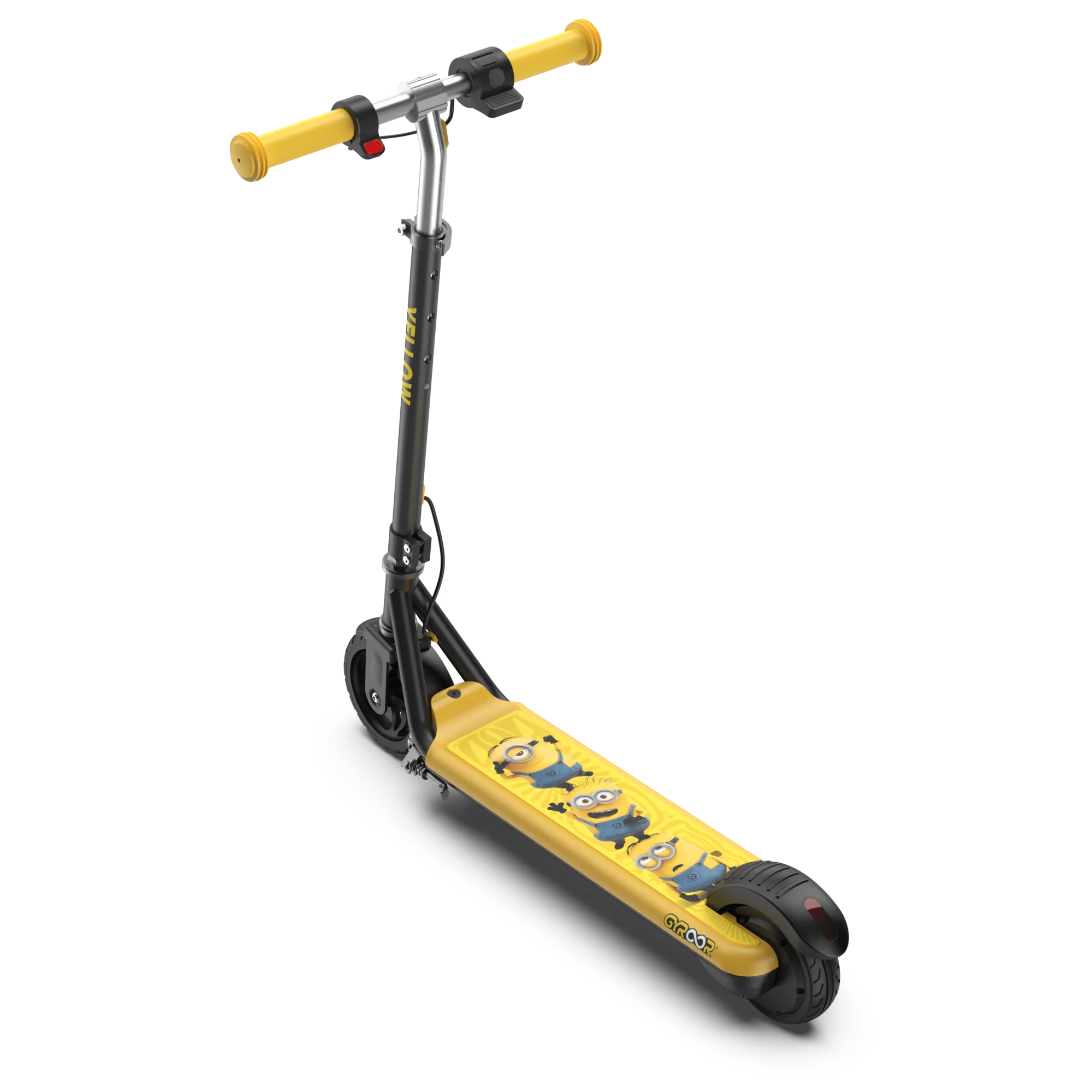 A back and side view of a GYROOR Minions H30 Max Kids Scooter - Yellow - with yellow handlebars and Minions characters on a white background