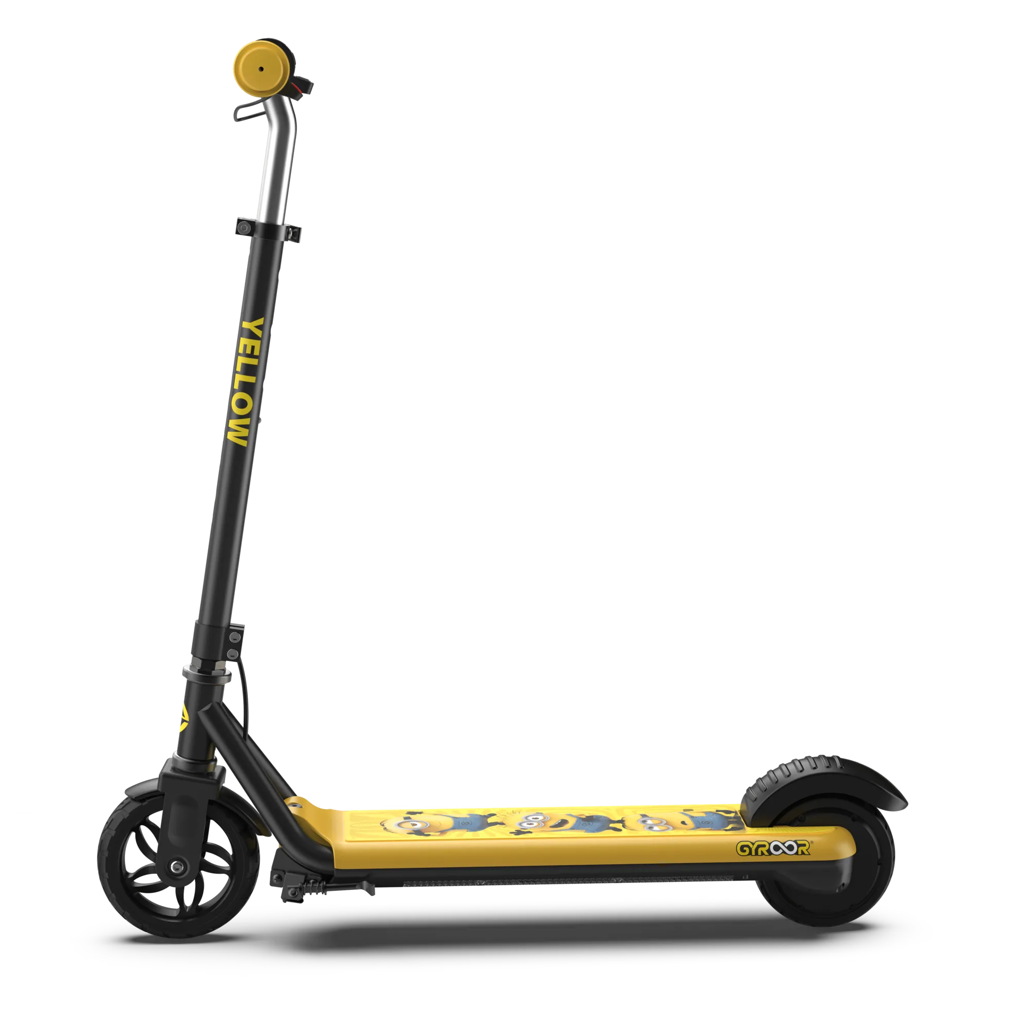 A side view of a GYROOR Minions H30 Max Kids Scooter - Yellow - with yellow handlebars and Minions characters and GYROOR logo on a white background