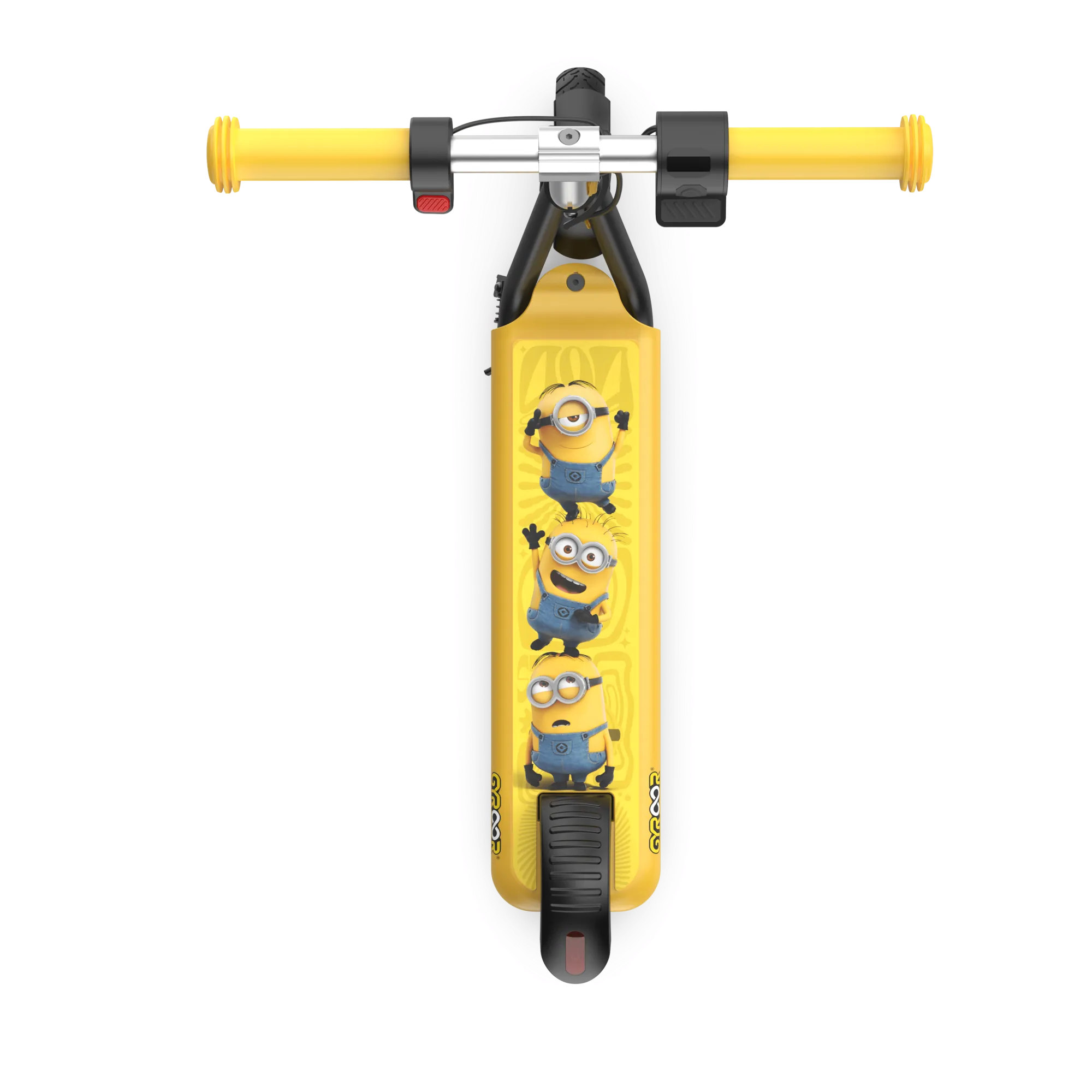 A top-down view of a GYROOR Minions H30 Max Kids Scooter - Yellow - with yellow handlebars and Minions characters and GYROOR logo on a white background