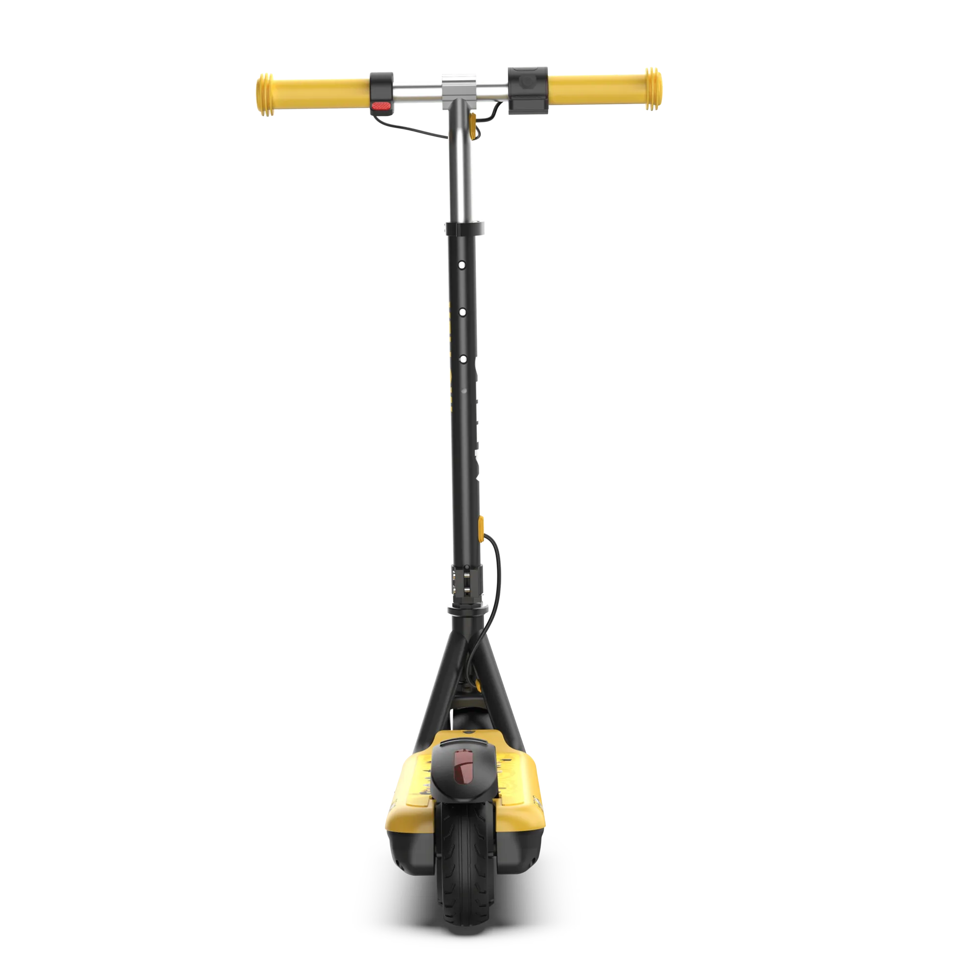 A rear view of a GYROOR Minions H30 Max Kids Scooter - Yellow - with yellow handlebars and Minions characters on a white background