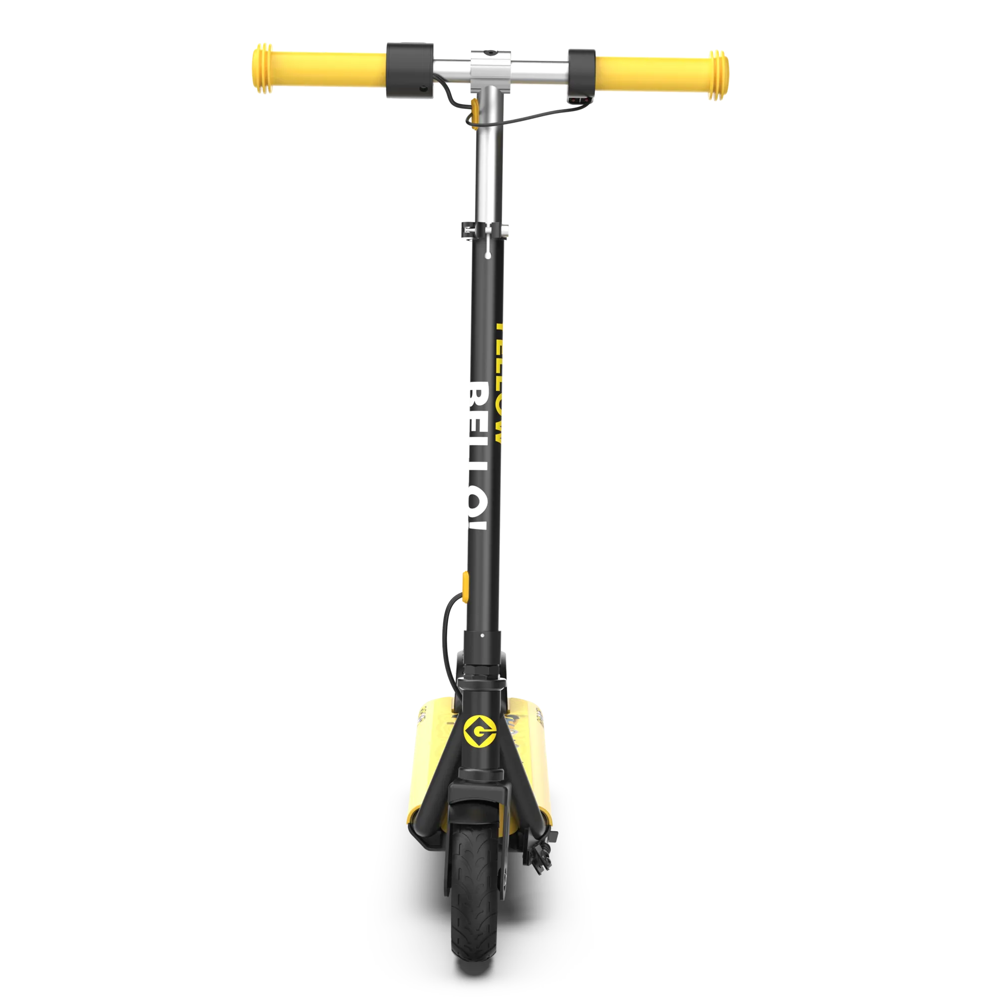 A front view of a GYROOR Minions H30 Max Kids Scooter - Yellow - with yellow handlebars on a white background