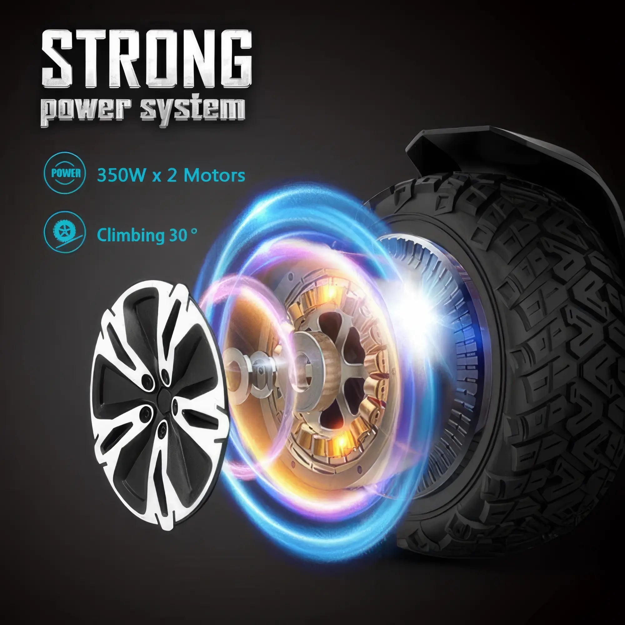 A deconstructed view of a G2 hoverboard wheel with glowing internal components on a dark background, featuring text about the 350W x 2 motor power system and 30 degree climbing capability.