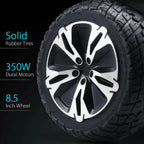 G2 hoverboard 8.5 inch tire with black rim and solid rubber tires text on a dark background