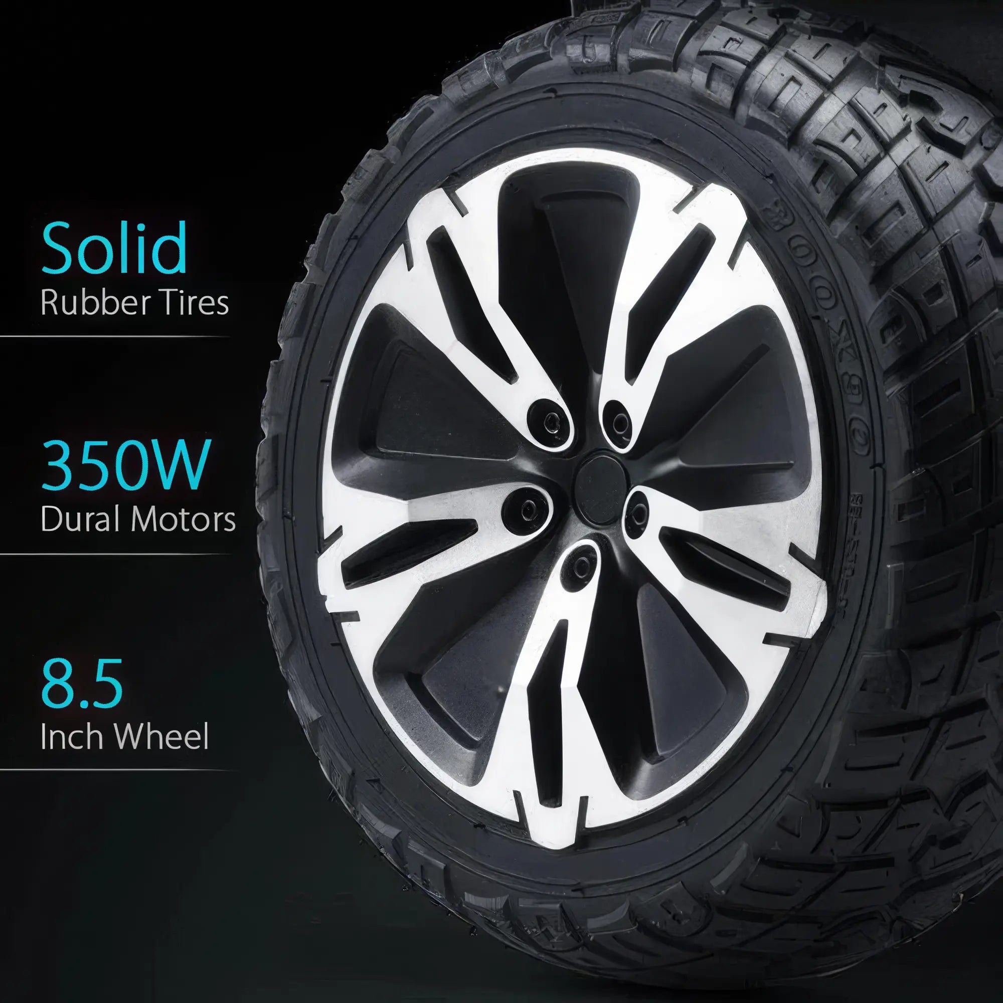 G2 hoverboard 8.5 inch tire with black rim and solid rubber tires text on a dark background