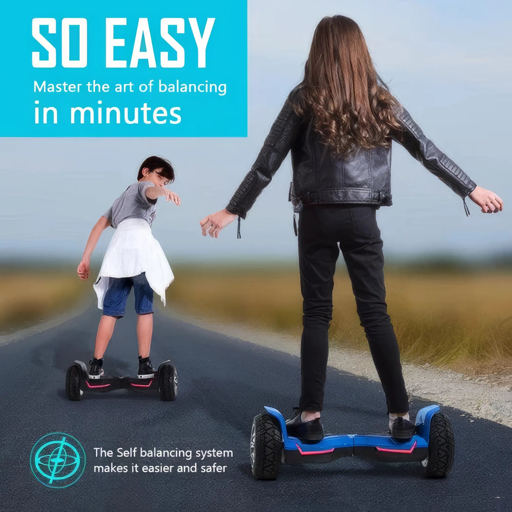 Two children riding GYROOR G2 hoverboards on a road with promotional text about balancing ease.