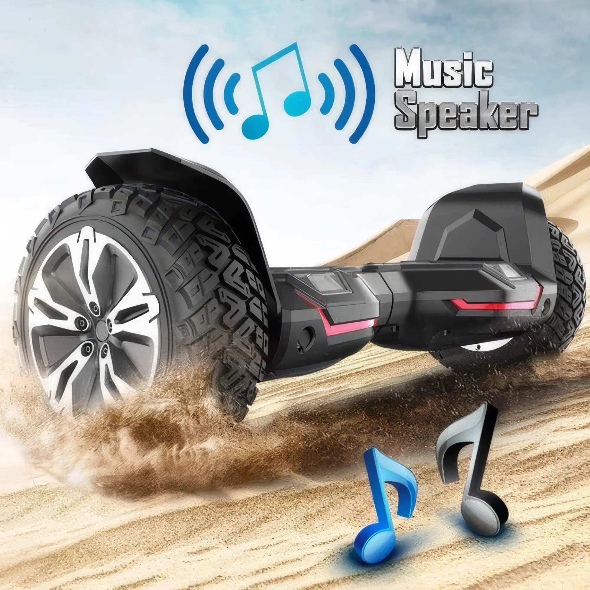 Black G2 hoverboard with music speaker feature speeding along on a sandy background