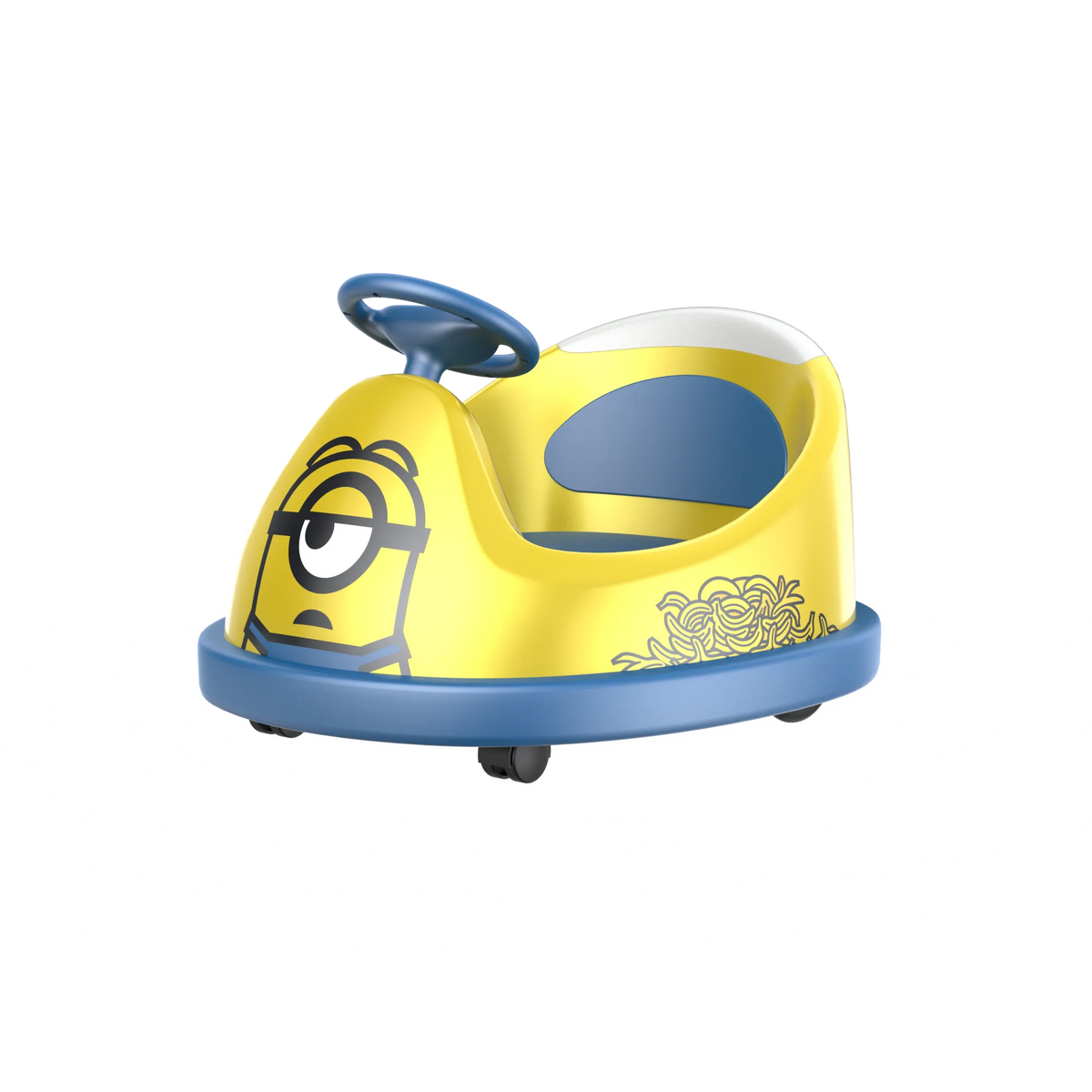 A front and side view of a GYROOR Minions Kids Yellow Bumper Car with blue accents and a cartoon face on a white background.