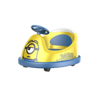 A front and side view of a GYROOR Minions Kids Yellow Bumper Car with blue accents and a cartoon face on a white background.