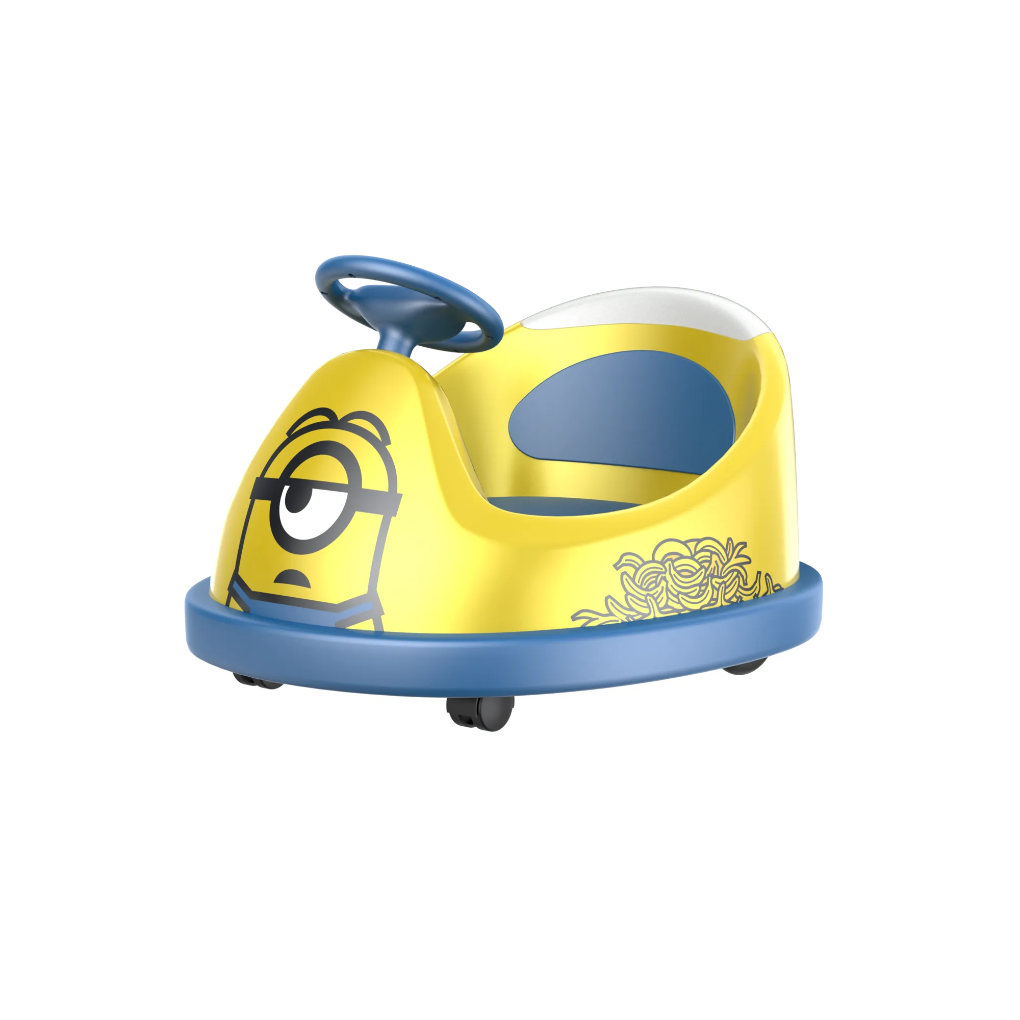 A front and side view of a GYROOR Minions Kids Yellow Bumper Car with blue accents and a cartoon face on a white background.