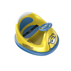 A top-down view of a GYROOR Minions Kids Yellow Bumper Car with blue accents and a cartoon face on a white background.