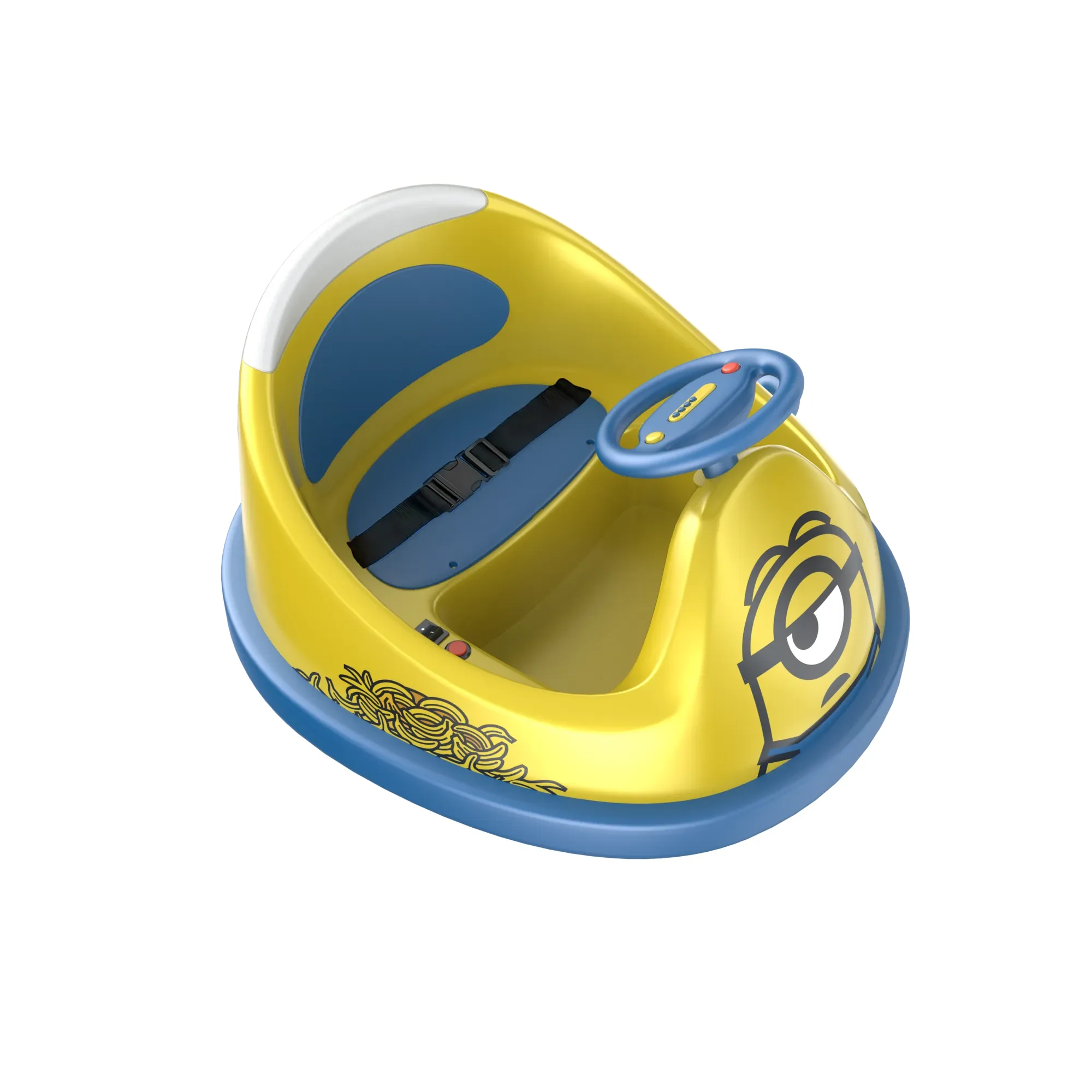A top-down view of a GYROOR Minions Kids Yellow Bumper Car with blue accents and a cartoon face on a white background.