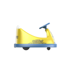 A side view of a GYROOR Minions Kids Yellow Bumper Car with blue accents and a cartoon face on a white background.