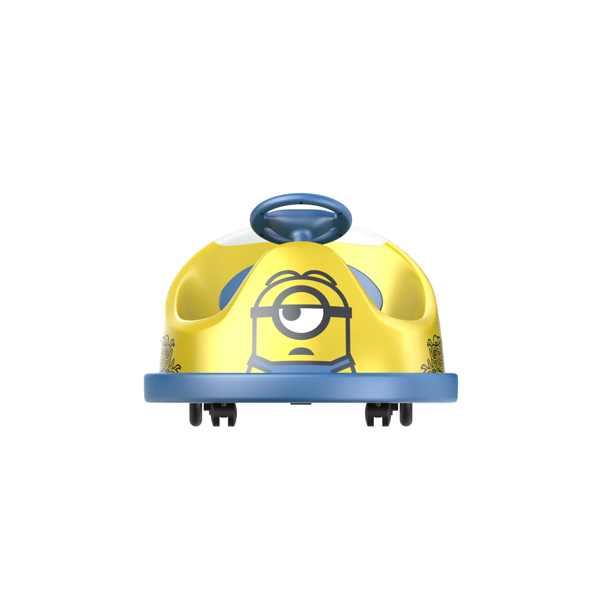 Front view of a GYROOR Minions Kids Yellow Bumper Car with blue accents and a cartoon face on a white background.