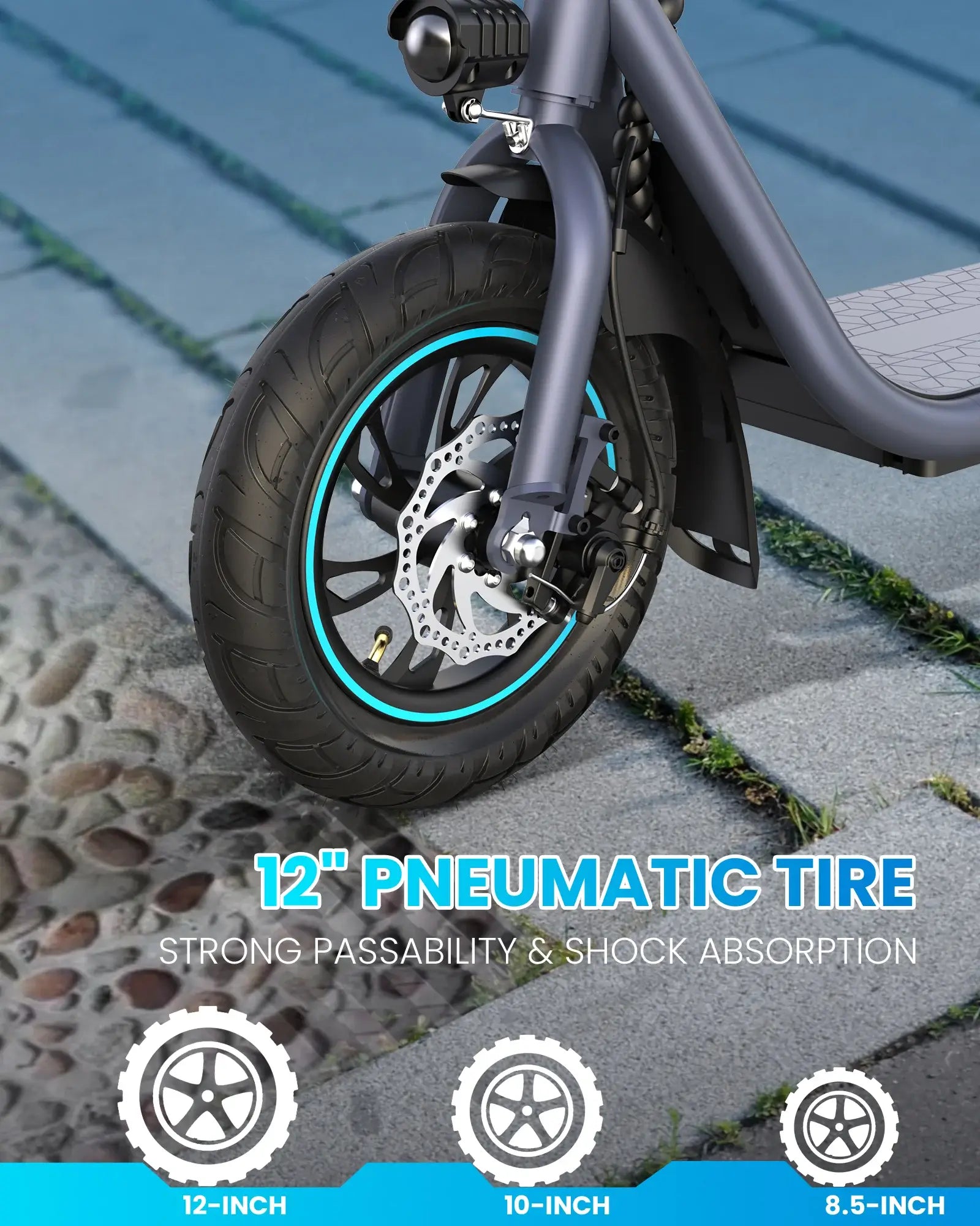 Close-up of a GYROOR X2 Iron Electric scooter tire with text highlighting its features on a pavement background.