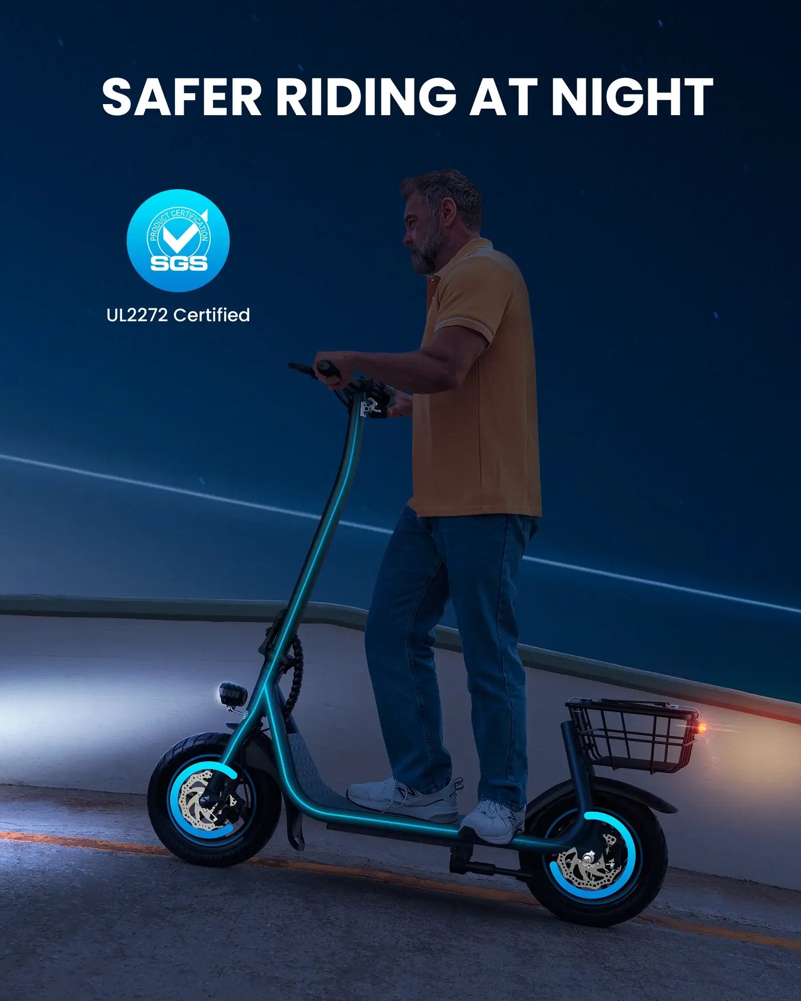 Man riding a GYROOR X2 Iron Electric scooter with its lights on and 'Safer Riding at Night' text and SGS certification logo.