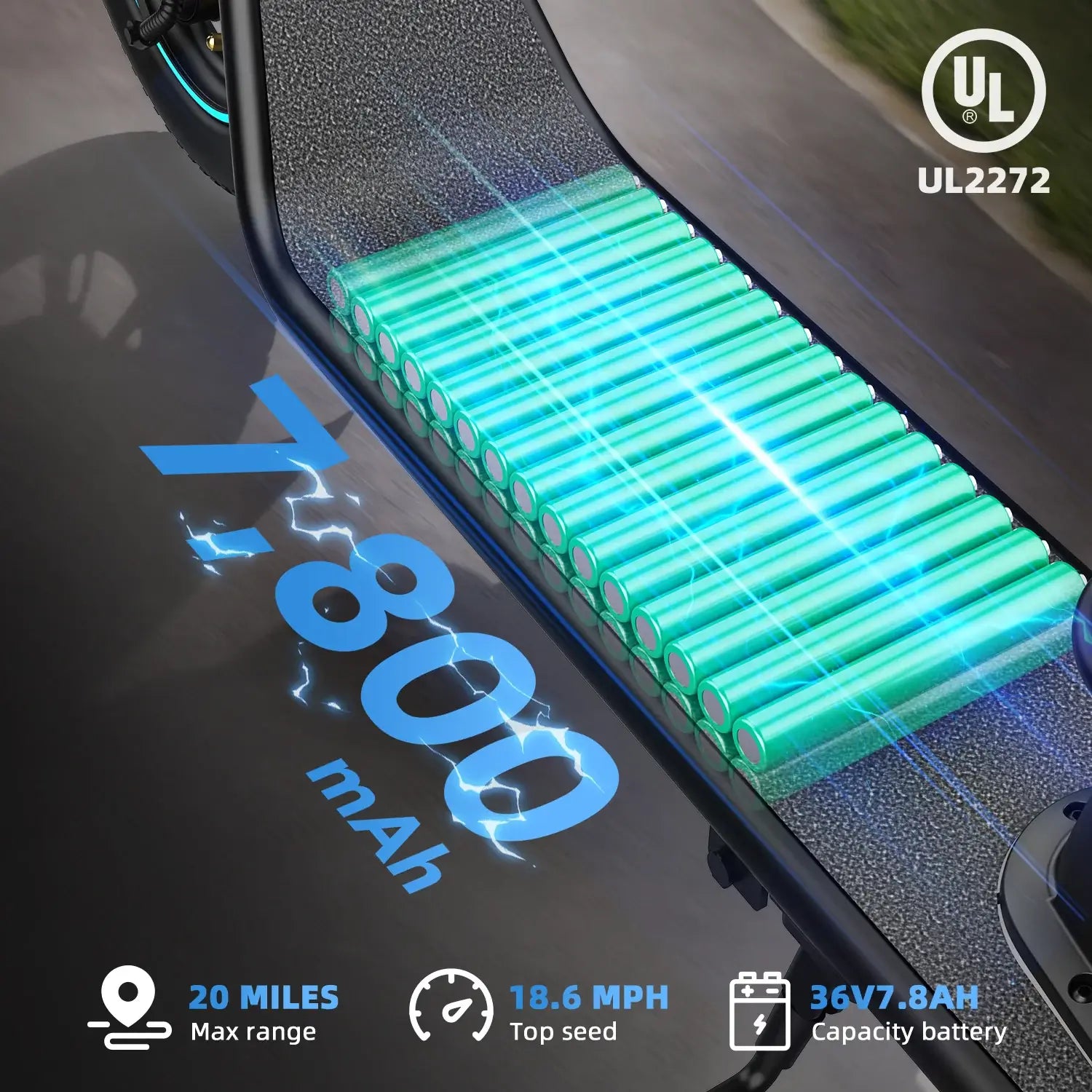 GYROOR X2 Iron Electric scooter Battery pack with '7800 mAh' flashy label and UL2272 certification on a dark background with lightning effects.