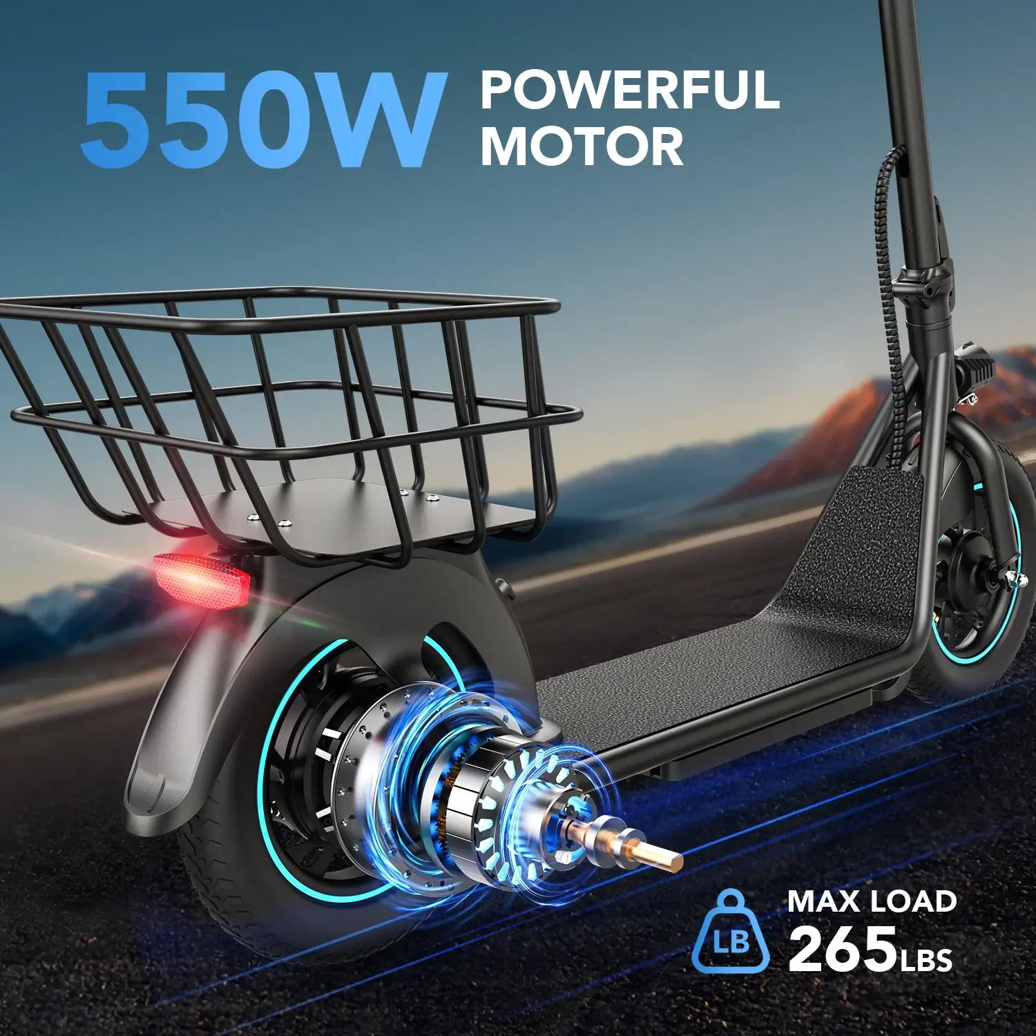Electric GYROOR X2 Iron Electric scooter with a powerful motor showing blue lights and max load capacity displayed on a blurred road background.