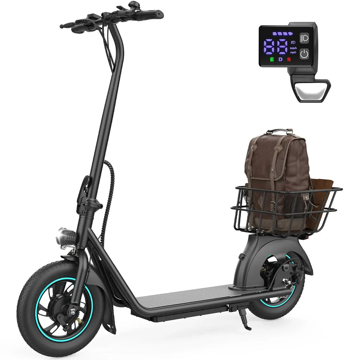 Black electric GYROOR X2 Iron Electric scooter with a basket and brown bag on a white background.