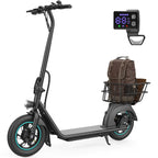 Black electric GYROOR X2 Iron Electric scooter with a basket and brown bag on a white background.
