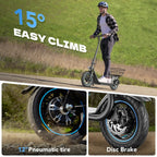Person riding a GYROOR X2 Iron Electric Scooter with text highlighting features like '15° Easy Climb' and '12” Pneumatic tire', against a green hilly background and foliage.
