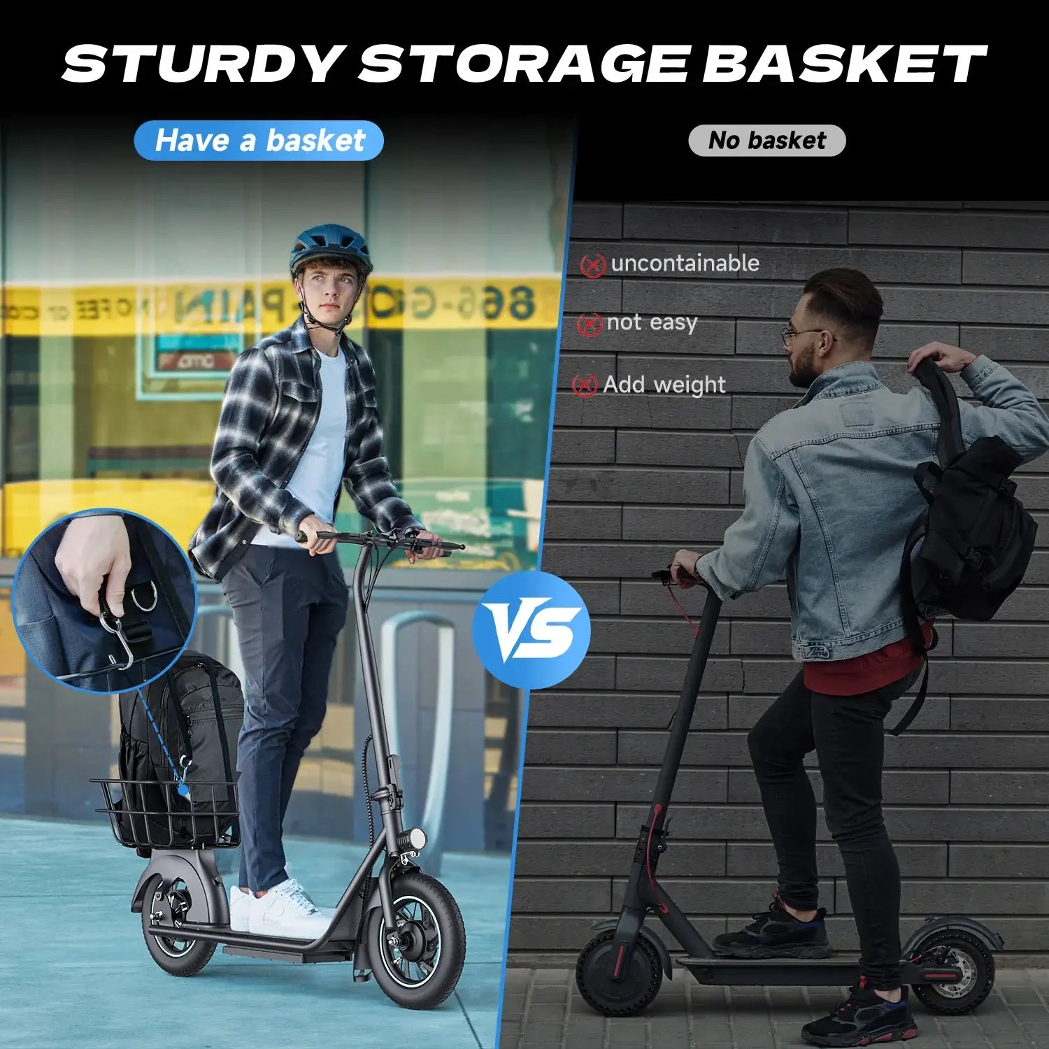 Comparison of electric scooters with and without a storage basket, showing a person using each.