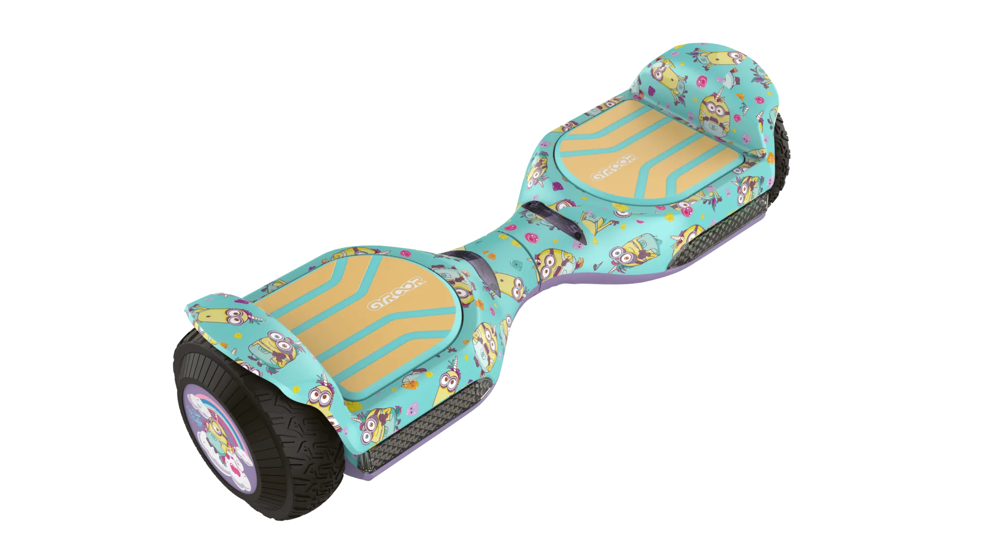 A front and side view of a GYROOR Minions G13 green and yellow with cartoon character design on a white background