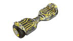 A top and side view of a GYROOR Minions G13 black and yellow hoverboard with cartoon design on a white background