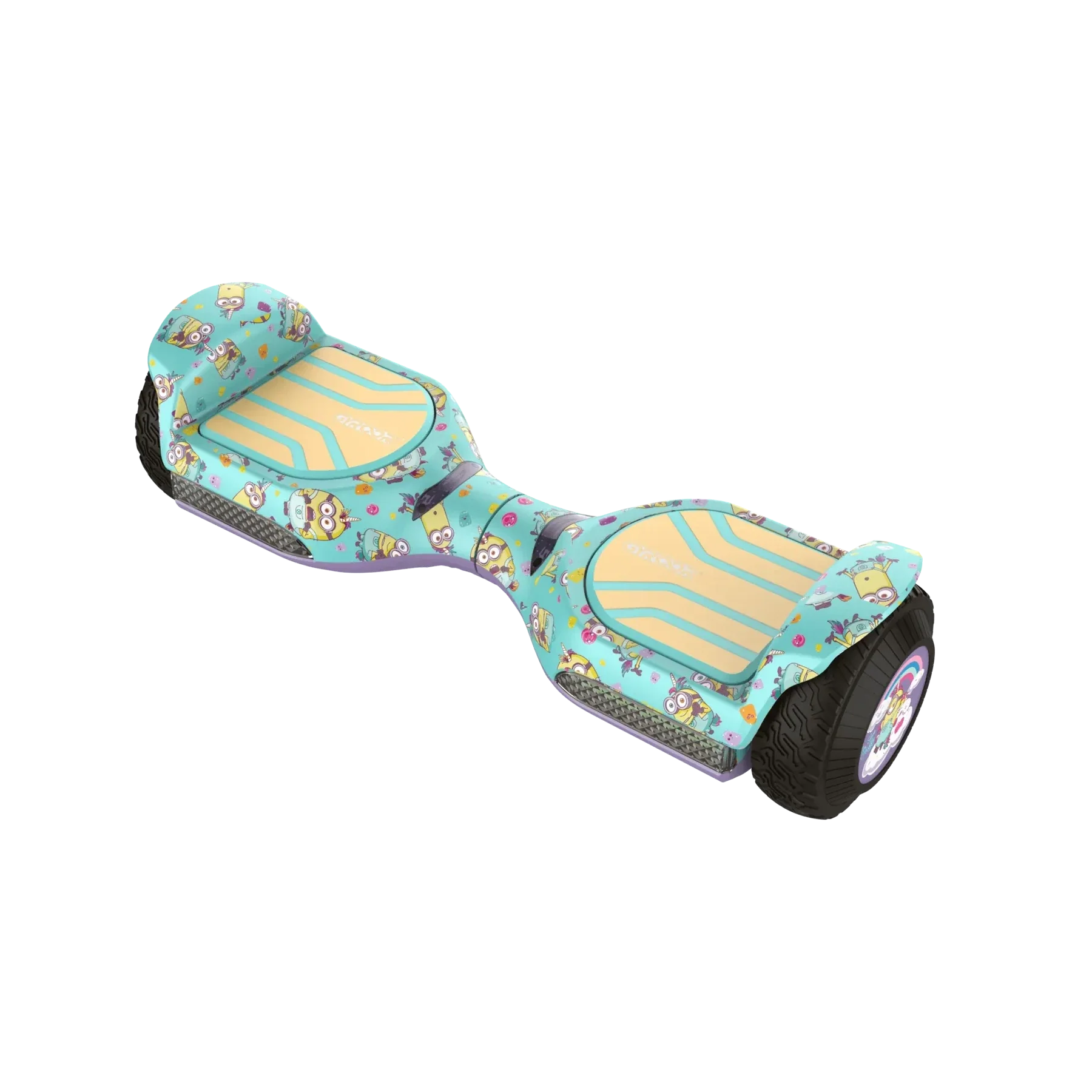 A front and side view of a GYROOR Minions G13 green and yellow hoverboard with  cartoon design on a white background