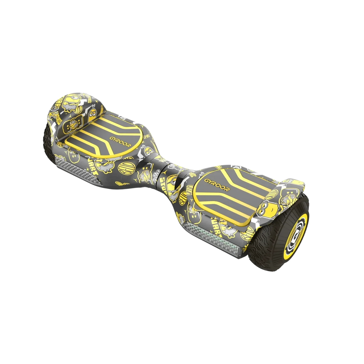 A front and side view of a GYROOR Minions G13 gray and yellow hoverboard on a white background