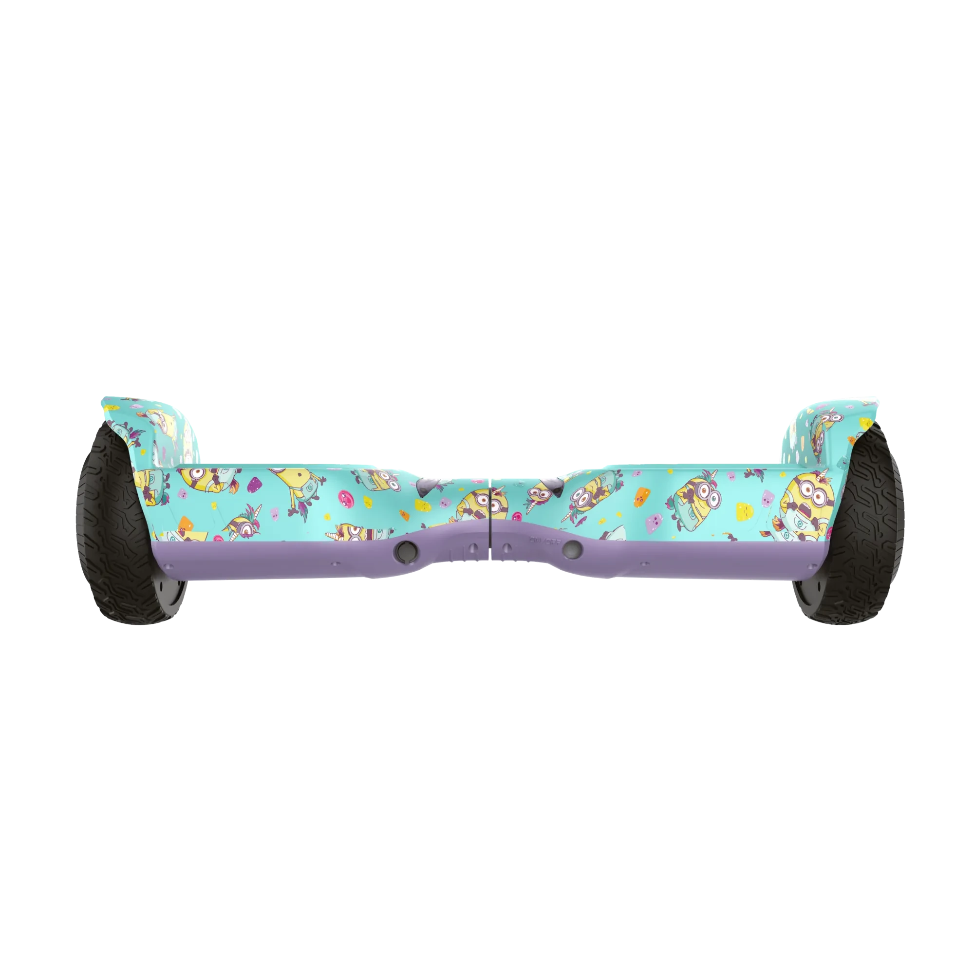A back view of a green and yellow GYROOR Minions G13 hoverboard on a white background