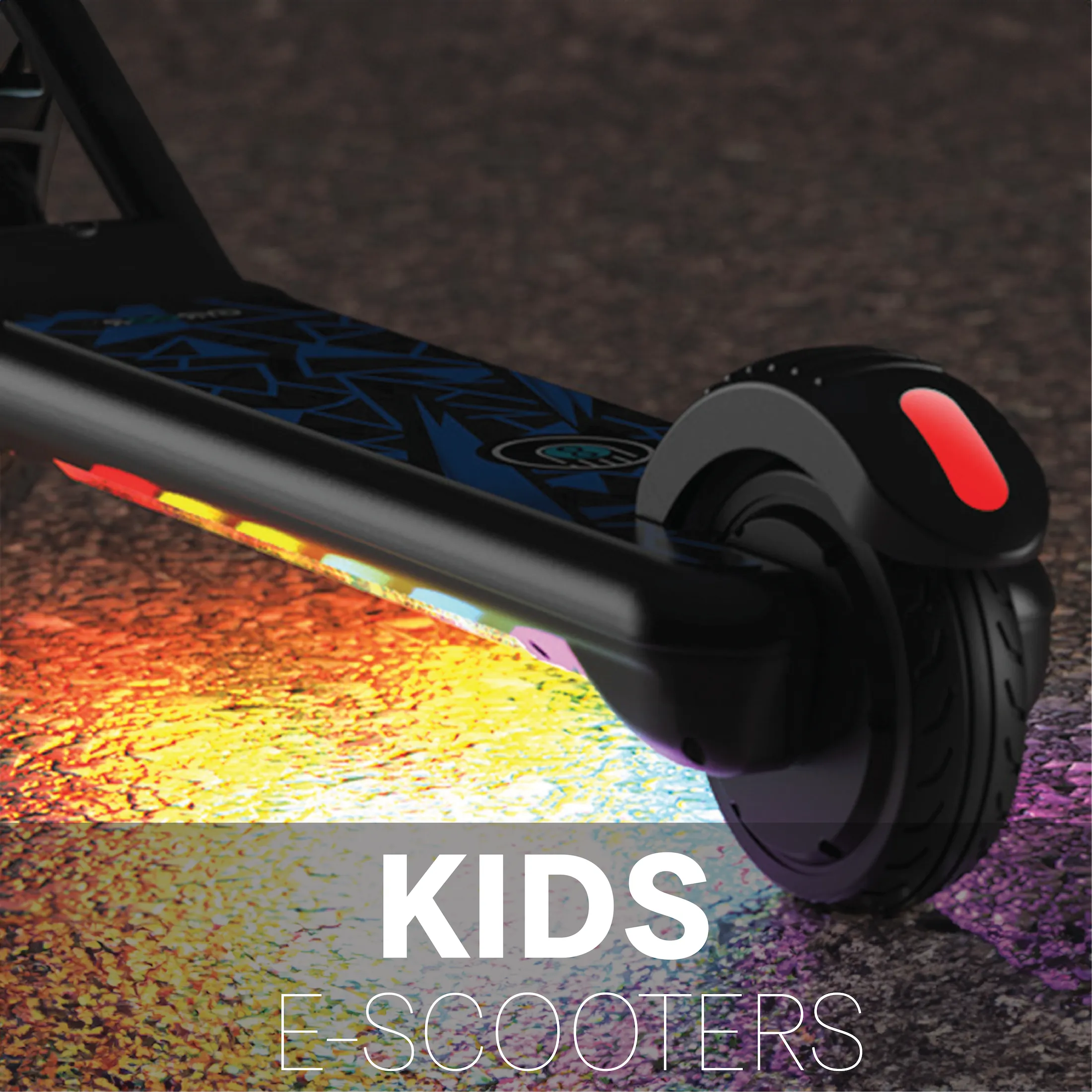 Close-up of a GYROOR H30 Max e-scooter with colorful wheel design on a textured surface.