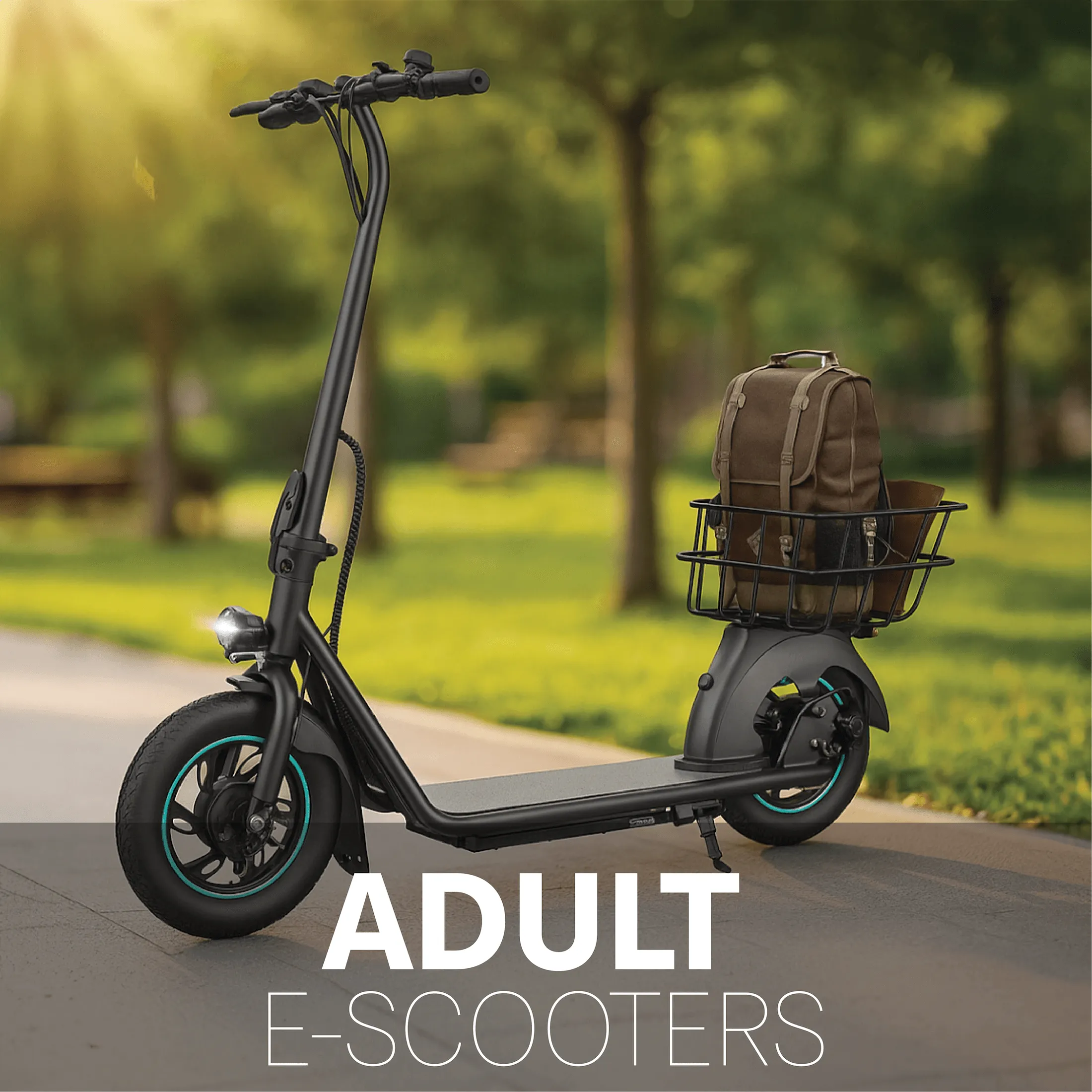 Black adult GYROOR X-2 Iron electric scooter with a basket carrying a backpack on a blurred park background, labeled 'ADULT E-SCOOTERS'.