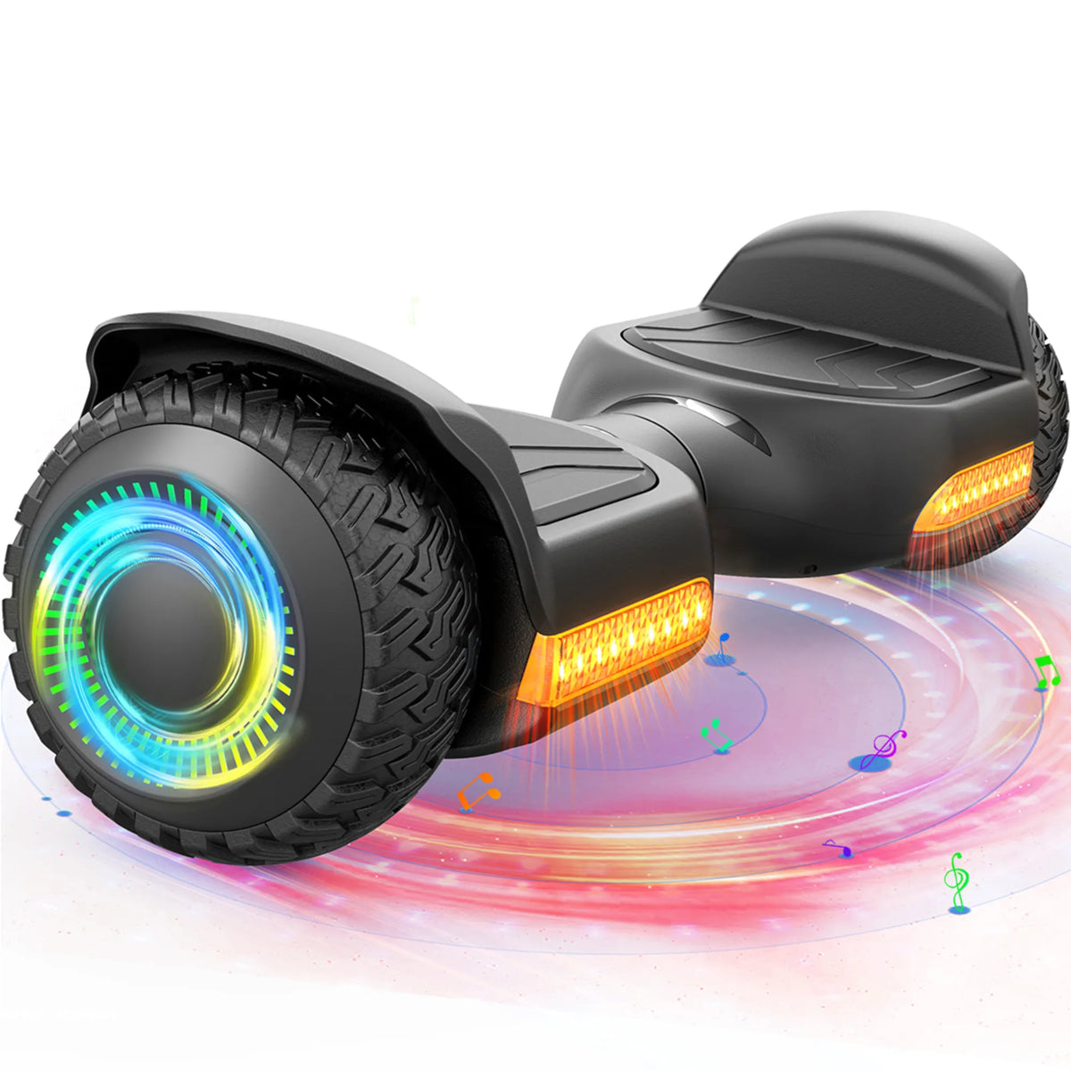 GYROOR G13 off-road hoverboard - Black -  with colorful wheel design and colour notes and constellations of light on a white background