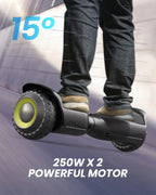 Person riding a GYROOR G13 off-road hoverboard with text indicating 15° angle and 250W x 2 powerful motor.